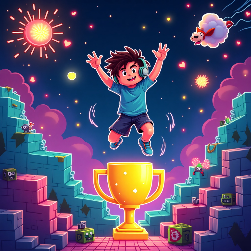 At the top of the abstract image: **"Level Up, Gabriel! Achievement Unlocked!"**

Prompt:  
Create an abstract, funny, and energetic image inspired by a teenage boy named Gabriel, an avid gamer. The scene should feature a blocky, Minecraft-style world built with glowing neon cubes in bright, vivid colors like electric blue, hot pink, neon green, and laser yellow. In the center, an abstract pixelated character (loosely shaped like a teen with messy hair and big headphones) is dramatically leaping up onto a glowing golden trophy made out of cubes.  
Floating neon elements like pixel hearts, gaming controllers, exploding pixelated fireworks, and quirky blocky sheep and creepers hover and spin in the vibrant background. Everything feels dynamic and bursting with celebration, like Gabriel has just conquered the final level.  
Keep the mood funny and cheeky — maybe have a pixelated creeper giving a thumbs-up, or a blocky sheep riding a rocket.  
No actual text within the image itself beyond the opening line — the image should tell the story through the bright, chaotic, neon Minecraft-style vibe!
Generated with these themes: A teeage boy, avid gamer, no text, neon colors, minecraft style.
Made with ❤️ by AI.