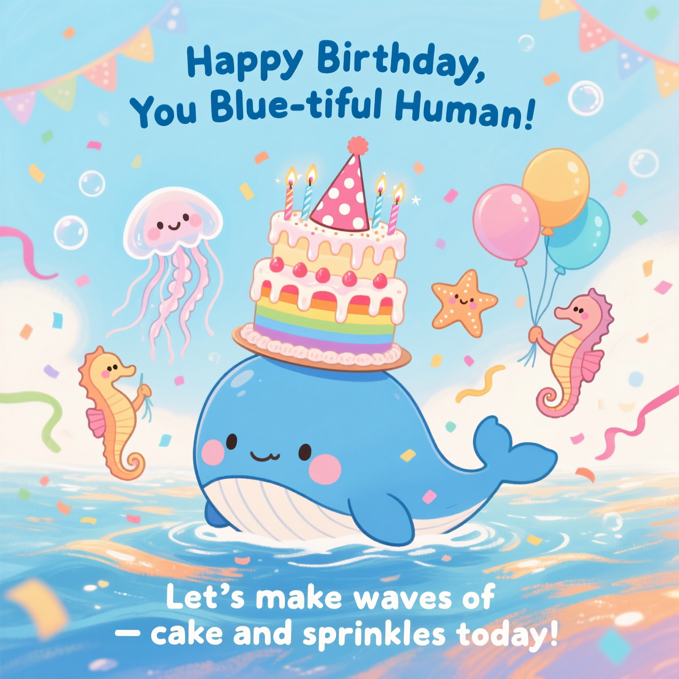 Kawaii cute blue, and Birthday Card