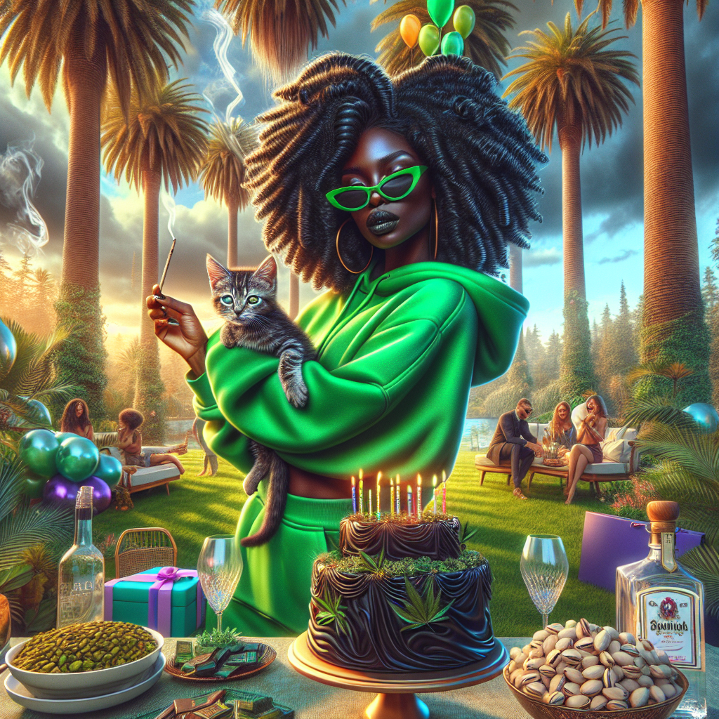 Mixed race black woman with coil curly black hair wearing green hoodie, Sunglasses, Tabby cat kitten, Birthday cake celebration, Green, Smoking marijuana weed cannabis, Presents and balloons, Sunglasses, Bottles of gin, Pistachios chocolates cakes snack, and Palm trees outdoors Birthday Card