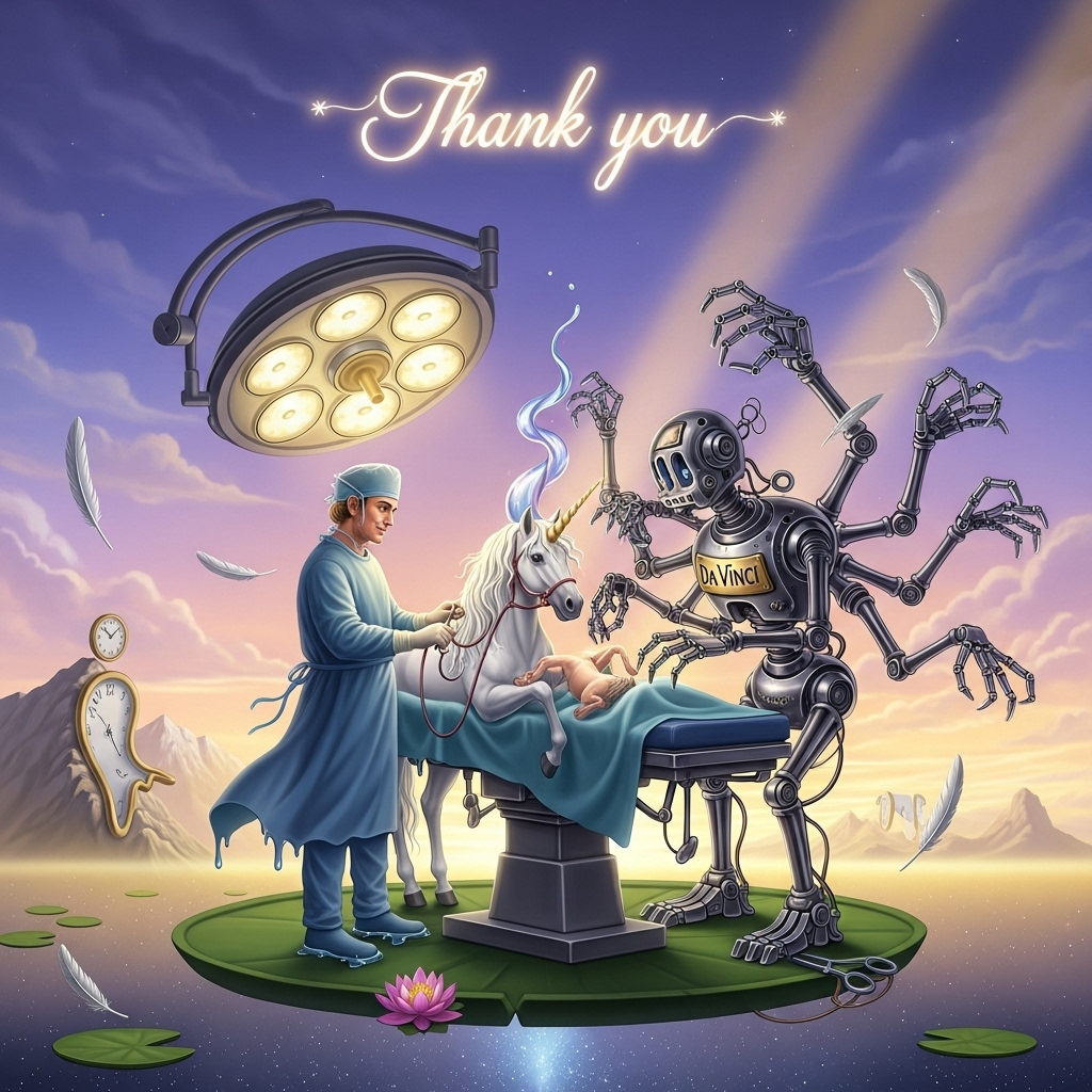 At the top of the Surreal Style image, write in elegant, luminous script: **Thank you**.  

A dreamlike, Dali-inspired surreal scene: In a softly glowing, otherworldly operating theatre that seems to float in a vast lavender and gold sky, a calm, kind-eyed male surgeon in flowing, slightly melting surgical scrubs carefully operates on a majestic white unicorn with a shimmering, spiraled horn that bends like liquid light. Beside him, an intricate, fantastical robot machine — labelled **"Da Vinci"** in ornate, metallic lettering across its gleaming chrome body — assists with delicate, many-fingered mechanical arms that twist in impossible Escher-like ways. The unicorn’s mane drifts upward like clouds in slow motion, and the operating table is perched atop a giant floating lily pad that hovers above a sea of starlight. In the distance, clock faces melt over mountains, and surgical tools morph into silver feathers as they fall. Ethereal beams of light filter down as if from another dimension, wrapping the surgeon, unicorn, and robot in a warm, grateful glow, evoking deep sincerity and wonder.
Generated with these themes: Male surgeon operating on a unicorn with help from a robot machine called Da Vinci, Have the name Da Vinci written on it, and .
Made with ❤️ by AI.