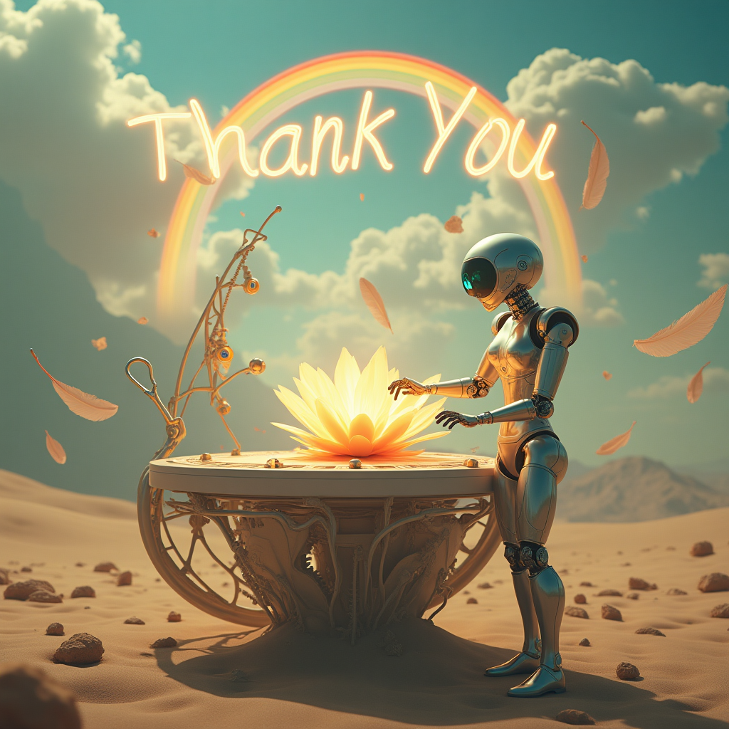 At the top of the Surreal Style image, the words **Thank You** appear in softly glowing, liquid-metal letters, as if gently melting into the dreamlike sky.  

A vast, otherworldly surgical theatre floats in a hazy desert of shifting sand and clouds, where the operating table is a giant open clock face and its gears turn like slow, golden hearts. A gentle, humanoid robot with glassy, tear-shaped eyes and delicate silver hands performs surgery—not on a body, but on a blooming flower made of light and crystal, its petals pulsing with warm, healing energy. Surgical tools drift weightlessly around, their handles morphing into feathers and tendrils of smoke. In the background, giant stethoscopes arc like surreal rainbows, and distant mountains melt into rivers of mercury. The lighting is soft and ethereal, with long shadows stretching into impossible directions, creating a feeling of deep gratitude and care.
Generated with these themes: Robot, Surgery, and .
Made with ❤️ by AI.