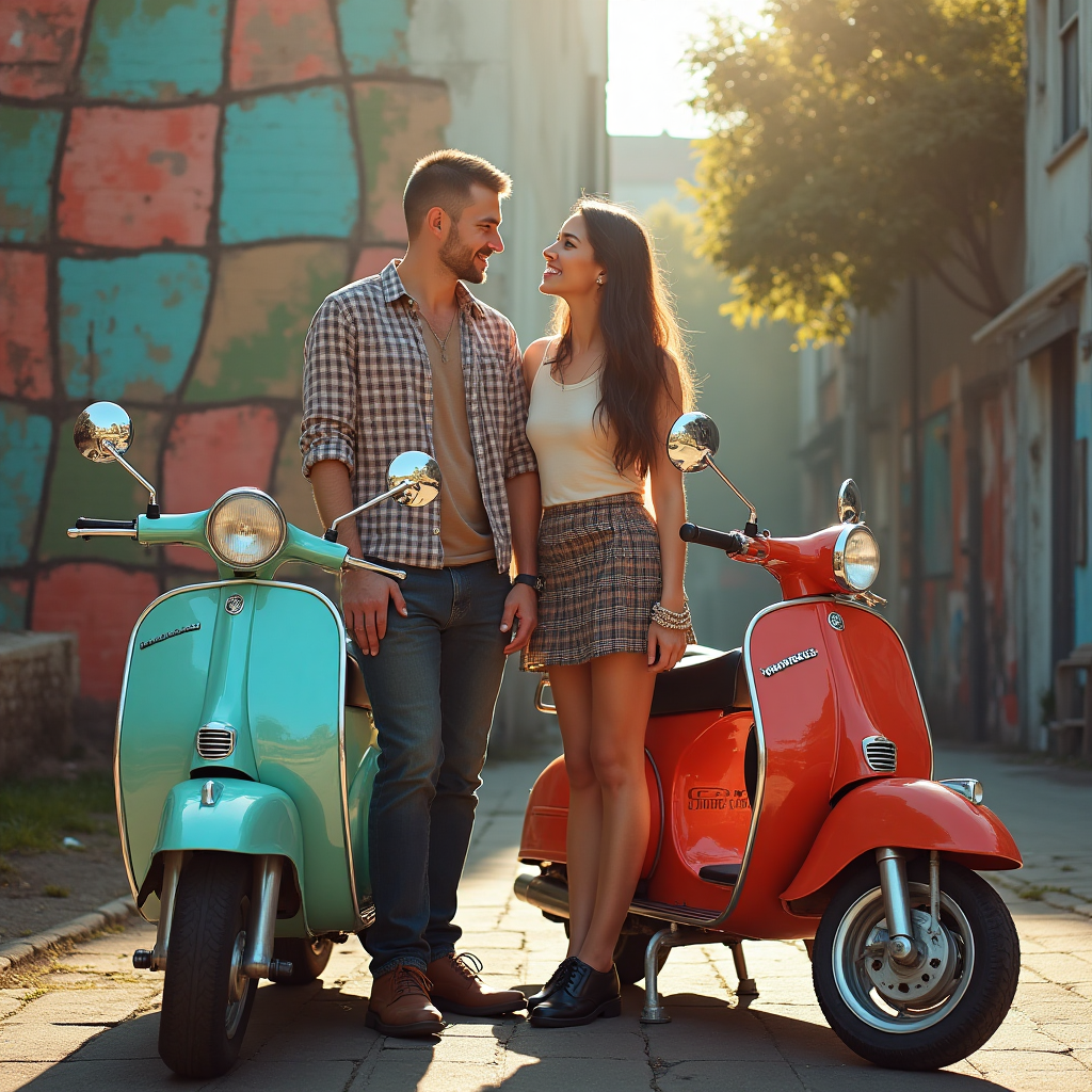 At the bottom of the Photorealistic picture taken from a camera image, include the text: "Gary I'm so glad we met each other."

---

Picture a sun-drenched scene in an urban landscape where two vintage scooters are parked side by side, their glossy, chromatic finishes reflecting the vibrant surroundings. A couple, both wearing classic ska skinhead attire, stand close to each other, exuding a blend of romance and nostalgia. The man, with his cropped hair and checkered shirt, gazes affectionately at his partner, while she, in her plaid skirt and polished Dr. Martens, leans towards him with a warm smile.

In the background, a mural of a two-tone checkered pattern typical of the ska scene adds an artistic touch, playing with contrasts and highlighting the couple's vibrant connection. The sun casts a gentle glow, creating soft shadows and a magical atmosphere of intimacy. The overall image, with its ultra-high-definition quality, captures the genuine emotion and timeless style of a romantic thank-you moment.
Generated with these themes: Ska skinhead scooter, and .
Made with ❤️ by AI.