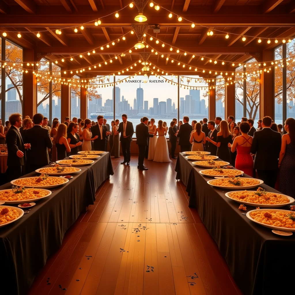 The scene is set in an elegant, medium-sized wooden room, exuding a rustic charm with its polished mahogany floors and ornate wooden beams that seem to embrace the ceiling. The room is alive with energy as a vibrant crowd, dressed in semi-formal attire ranging from sleek suits to flowing dresses, fills the dance floor. Their laughter and movements are illuminated by warm strand lights draped gracefully from beam to beam, casting a golden hue that dances across the room. In the background, a majestic New York Marquee spells out "Thank you, Samantha" in radiant lights, blending seamlessly with the lively atmosphere.

On either side of the dance floor, large panoramic windows frame a picturesque view of New York City's skyline, punctuated by the warm hues of fall trees, their leaves a brilliant mosaic of oranges, reds, and yellows. These vibrant trees sway gently in the city breeze, adding a touch of autumn magic to the scene.

Amidst the revelry, enormous white ceramic oval-shaped platters, overflowing with golden fried shrimp and earthy mushrooms, adorn separate rectangular dining tables, strategically placed around the room. These tables, adorned with crisp white linens, are interspersed with musical notes whimsically drawn on the tablecloths in elegant ink, as if a symphony of thanks is being written with each bite.

In the air, delicate musical notes seem to float above the crowd, a visual harmony that mirrors the cheerful music emanating from the hidden band, adding a rhythmic pulse to the festivities. This symphony of joy and gratitude resonates throughout the room, creating a scene that is both visually striking and imbued with a sense of celebration.
Generated with these themes: Crowd high-energy dancing on dance floor in semi-formal attire in medium-sized elegant wooden room with strand lights, New York Marquee, Fall trees in New York, Musical notes, Enormous white ceramic oval-shaped platters of fried shrimp and mushrooms, and Separate Rectangular Dining tables.
Made with ❤️ by AI.