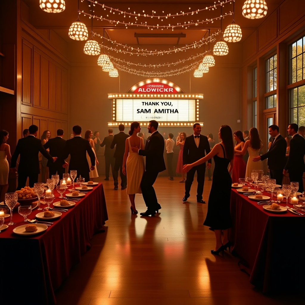 In the heart of a medium-sized elegant wooden room, polished oak walls shimmer under a canopy of warm strand lights, illuminating a vibrant dance floor alive with high-energy dancers clad in semi-formal attire. Men twirl in tailored suits and women in flowing dresses as their feet tap rhythmically to musical notes floating from a jazz quartet nestled in the corner, each note visually represented as whimsical trails swirling around the dancers. At the back of the room, a large New York Marquee serves as a glamorous backdrop, with flashing lights and classic Broadway-style lettering that reads, "Thank you, Samantha," a nod to our honored recipient. Beside the marquee, large windows reveal a picturesque view of New York's fall foliage—trees bursting with fiery reds, oranges, and golds, a breathtaking contrast to the bustling indoor scene. Enormous white ceramic oval-shaped platters line the edges of the dance floor, each heaping with crispy fried shrimp and mushrooms, enticing guests with their aroma. Separate rectangular dining tables draped in rich burgundy cloth are set with elegant glassware and silverware, inviting guests to pause their dancing for a savory bite. The entire scene is a lively tapestry of celebration and gratitude, each element contributing to a story woven together by the joyous gathering in Samantha's honor.
Generated with these themes: Crowd high-energy dancing on dance floor in semi-formal attire in medium-sized elegant wooden room with strand lights, New York Marquee, Fall trees in New York, Musical notes, Enormous white ceramic oval-shaped platters of fried shrimp and mushrooms, and Separate Rectangular Dining tables.
Made with ❤️ by AI.