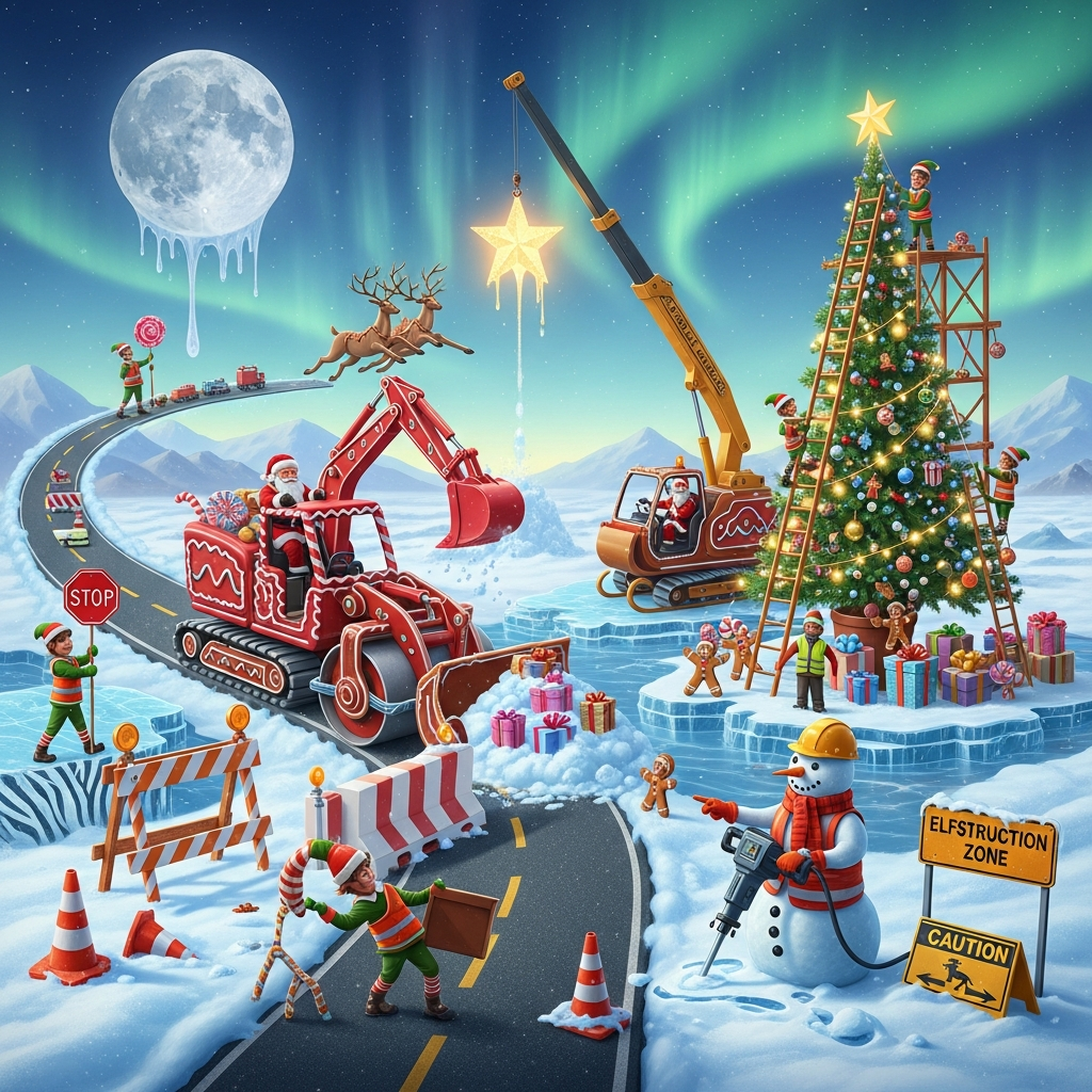 Road work, Construction elves , Santa Claus , Charismas tree, Snow man, Santa's slay as construction equipment, and Christmas Card