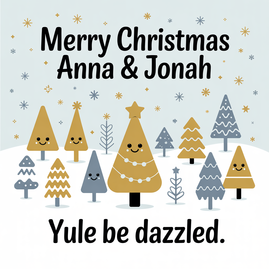 At the top of the Vector Style image, "Merry Christmas Anna & Jonah"

At the bottom of the image, "Yule be dazzled."

In the center, depict a cute, clean flat-vector winter scene: a snowy white ground with a charming grove of tiny, stylized gold and silver christmas trees. Mix simple geometric tree shapes (triangles, scalloped layers, zigzags, and cone silhouettes) in alternating matte gold and cool silver, each with crisp outlines, tiny dot garlands, minimalist star toppers, and a couple of shy smiley faces for extra cuteness. Arrange the trees in gentle waves from small to medium height, creating a playful rhythm, with a single slightly taller tree in the middle wearing a bright gold star.

Background: soft winter sky in pale icy blue or deep midnight navy (solid fill), sprinkled with tiny white and metallic gold/silver star-specks and snowflakes. Keep everything flat, with solid color blocks, minimal to no gradients, sharp edges, and modern graphic precision.

Typography: make the headline large and the hero—rounded, friendly script or bold geometric sans in bright white with small gold and silver star accents around it. Set the punch-line at the bottom in a clean, compact sans-serif in metallic gold, centered and airy. Use ample negative space so the text and the tiny trees sparkle.
Generated with these themes: Gold and silver tiny stylistic christmas trees, and .
Made with ❤️ by AI.