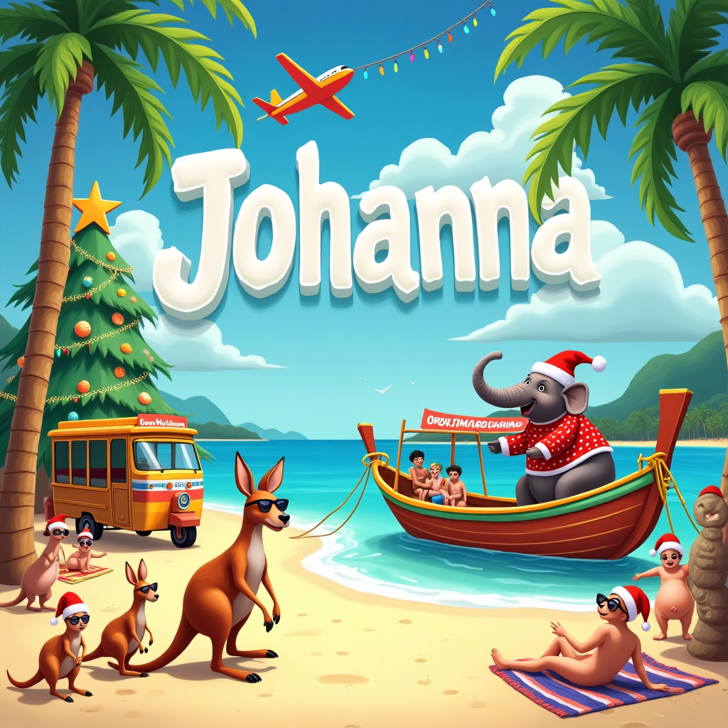 In this quirky and vibrant Christmas card scene, imagine a sandy beach with a festive twist, where Australia and Thailand seamlessly blend together for an unforgettable holiday mash-up. The scene is set on a bright and sunny beach with golden sands stretching far and wide. To the left, a group of kangaroos are playfully bouncing around, wearing Santa hats and sunglasses, as they enjoy the Aussie summer sun. Nearby, a giant sand sculpture of a Christmas tree is adorned with seashells and starfish as ornaments.

On the right, a colorful tuk-tuk adorned with strings of fairy lights is parked next to a traditional Thai long-tail boat that’s painted with festive red and green stripes. The boat is docked at the edge of the beach, and from it, a friendly Thai elephant wearing a Christmas sweater is offering rides to delighted beachgoers.

In the sky above, fluffy white clouds have magically formed into the name "Johanna" in playful, puffy letters, making her a central part of this festive paradise. Above the name, a plane with a banner trails across the sky, advertising "Christmas Vacation Paradise – Welcome Johanna!"

Palm trees decorated with twinkling Christmas lights frame the scene, with beachgoers from all over the world enjoying themselves in Santa-themed swimwear. Some are lounging on colorful beach towels while others are building sandmen instead of snowmen. This vibrant card perfectly captures a unique and humorous blend of cultures and traditions, making it an ideal way to celebrate the holiday season with Johanna.
Generated with these themes: Vacation, Australia, and Thailand.
Made with ❤️ by AI.