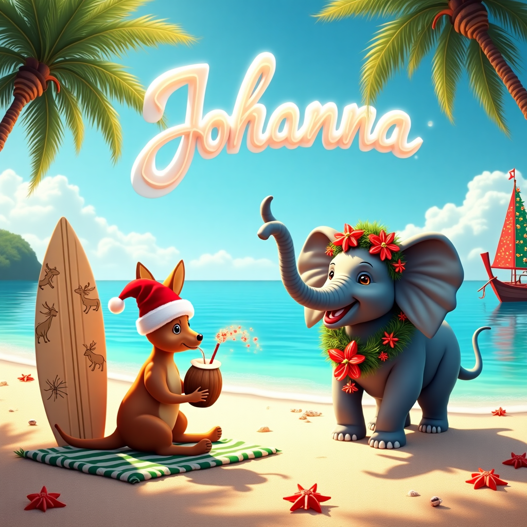 In the foreground of the Christmas greeting card, a sandy beach with golden grains sparkles under the radiant sun, representing Australia's famous coastal allure. On the left, a kangaroo donning a Santa hat lounges on a beach towel, sipping a coconut drink with a tiny umbrella. Next to the kangaroo, a surfboard stands upright, decorated with a playful pattern of reindeer and snowflakes. Transitioning to the right, a Thai elephant wades in shallow azure waters, its trunk playfully spraying a mist that creates a rainbow. The elephant wears a garland made of red and white frangipani flowers intertwined with Christmas holly, blending the festive spirit with a tropical vibe. In the background, the ocean gently laps at the shore, reflecting a clear blue sky where fluffy clouds spell out "Johanna" in elegant cursive, seamlessly incorporating the recipient's name. A couple of palm trees adorned with Christmas lights frame the scene, their fronds swaying slightly. On the horizon, a traditional long-tail boat, adorned with tinsel, gently drifts by, its sail painted with a vibrant Christmas tree. Scattered around are seashells and starfish, some wrapped in miniature bows, adding to the whimsical holiday atmosphere.
Generated with these themes: Vacation, Australia, and Thailand.
Made with ❤️ by AI.