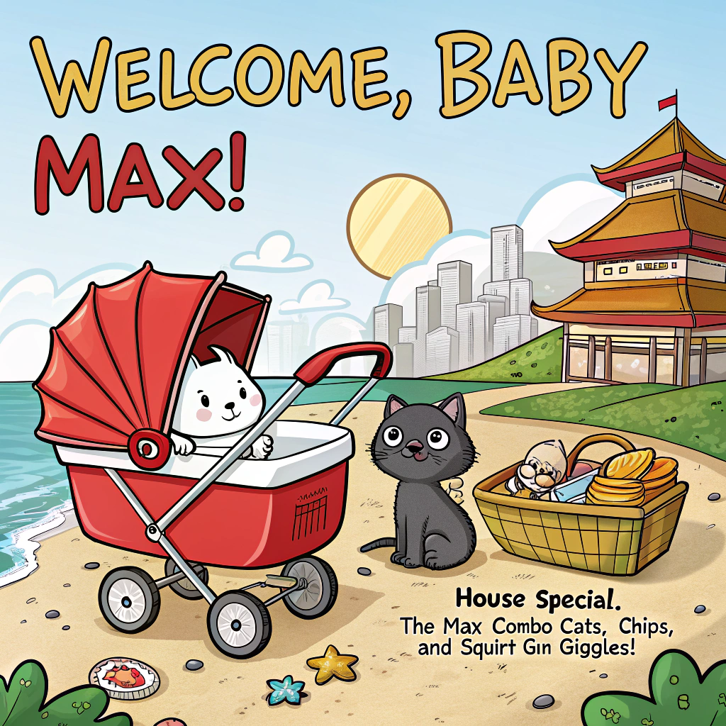 At the top of the Cartoon Style image, "Welcome, Baby MAX!"

At the bottom of the image, "House special: the MAX combo—cats, chips, and squirt-gun giggles!"

- Style: playful cartoon, exaggerated proportions, thick black outlines, bright saturated colors, and energetic, whimsical poses.
- Scene: A sunny, beachy picnic bursting with color. Center stage, a cozy baby carriage shaped like a giant white Chinese takeout box (red pagoda print) cradles snoozing Baby MAX with a tiny starry pacifier and a glowing, soft spotlight.
- To the left: two plump, mischievous cats—one orange with a tiny chef hat balancing a carton of lo mein, the other gray wearing floaties—toss golden chips (fries) like confetti; a giant red-striped fry box overflows beside them.
- To the right: two cheerful adult women in bright retro, high-waisted polka-dot bikinis and oversized sunglasses grin as they playfully spray neon toy water pistols; the rainbowy water arcs swoop up and meet over MAX in a big heart shape. Tiny “pew! pew!” sound effects pop near the squirts.
- Around the pram: open Chinese takeout boxes with noodles curling into playful swirls, chopsticks sticking out at jaunty angles, a couple of smiling dumpling balloons and a cat-head balloon bobbing on strings, plus festive streamers.
- Background: a turquoise sky with a friendly sun, sandy ground sprinkled with star-shaped confetti, all elements posed with dynamic, bouncy movement and maximum cuteness.
Generated with these themes: Cats, Guns, Chinese food, Chips, Girls in bikini, and .
Made with ❤️ by AI.