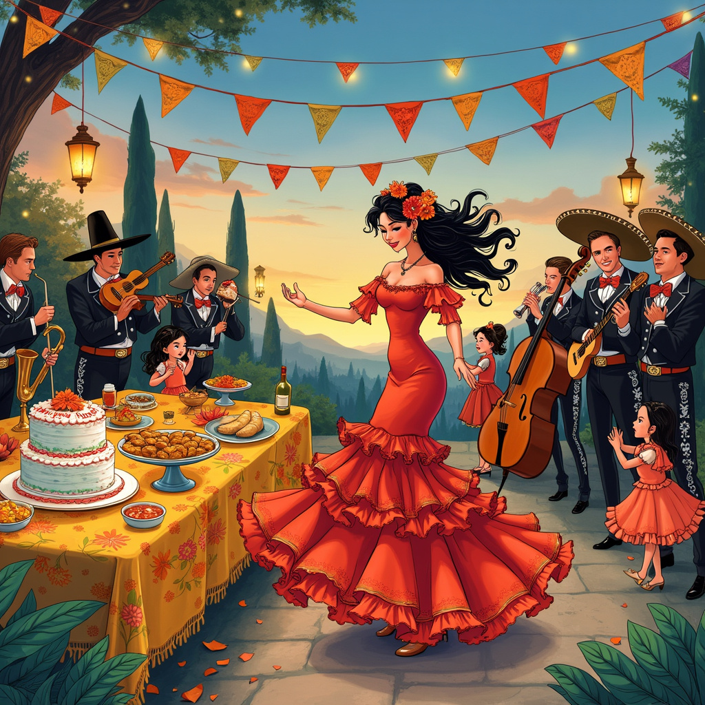 In the foreground of the birthday card, a vibrant, bustling fiesta scene comes to life, inspired by the rich, narrative storytelling of Norman Rockwell and the whimsical yet detailed approach of Quentin Blake. Sonja, a radiant Hispanic woman with cascading dark hair adorned with flowers, stands at the center of attention. She is twirling gracefully in a traditional flamenco dress, with layers of ruffled fabric in bold red and deep oranges that billow with her every movement. Her dress is intricately decorated with lace and embroidery, capturing the intricate detail of Arthur Rackham's works. Her lips are painted a striking red, and her face is lit up with joy as she dances.

Around her, an energetic group of friends and family, sketched in the expressive, animated style reminiscent of Maurice Sendak, are joining in the celebration. Some are clapping to the rhythm of a lively Mariachi band in the background, whose members are dressed in sharp black charro suits with silver accents, complete with large, ornate sombreros. Their instruments—a guitar, a vihuela, and a trumpet—are meticulously detailed, showcasing Gustave Doré’s knack for intricate illustrations.

To the left, a long banquet table covered with a bright, patterned tablecloth is laden with an array of traditional Hispanic dishes: tamales wrapped in corn husks, colorful bowls of guacamole and salsa, and a grand, tiered birthday cake decorated with edible flowers and "Happy Birthday Sonja" in elegant icing script. Maxfield Parrish's influence is evident in the dreamy, idyllic depiction of this feast, with vibrant colors and detailed textures.

Above, strings of papel picado—decorative paper banners—flutter in the breeze, each intricately cut with floral and festive designs, casting delicate shadows on the scene below, a nod to the whimsical intricacies of Beatrix Potter's backgrounds. The sky is a twilight gradient, transitioning from the warm hues of sunset to the cool blues of early evening, illuminated by hanging lanterns and fairy lights that twinkle like stars.

In the background, children are playing with piñatas shaped like colorful animals, their laughter captured in the lively, dynamic strokes akin to Quentin Blake’s characters. Nearby, a little dog with a party hat, rendered in the charming style of Edward Gorey, prances around, adding a touch of quirky humor to the scene.

Overall, the card is a vivid, bustling celebration, every element filled with life and detail, telling a rich, joyful story of Sonja's birthday fiesta.
Generated with these themes: Hispanic Female, Dark hair, Red lipstick, dancing . Happy Birthday Sonja .
Made with ❤️ by AI.