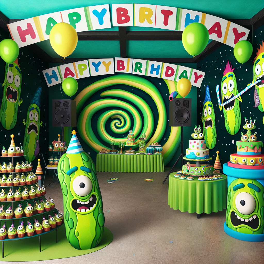 Imagine an exuberant birthday party scene, inspired by a zany, sci-fi animated show. Think of the walls covered with colorful, cartoon cutouts, one holding a party horn and the other holding a present. A dessert table is the centerpiece, topped by an amusing cake shaped like a green, anthropomorphic pickle, surrounded by cupcakes with faces. A 'Happy Birthday' banner in a bold, quirky font spans the space above. Additionally, an archway fashioned from green and blue balloons, suggestive of inter-dimensional whirls, invites guests to a celebration that promises to be out of this world.
Generated with these themes: Rick and Morty.
Made with ❤️ by AI.