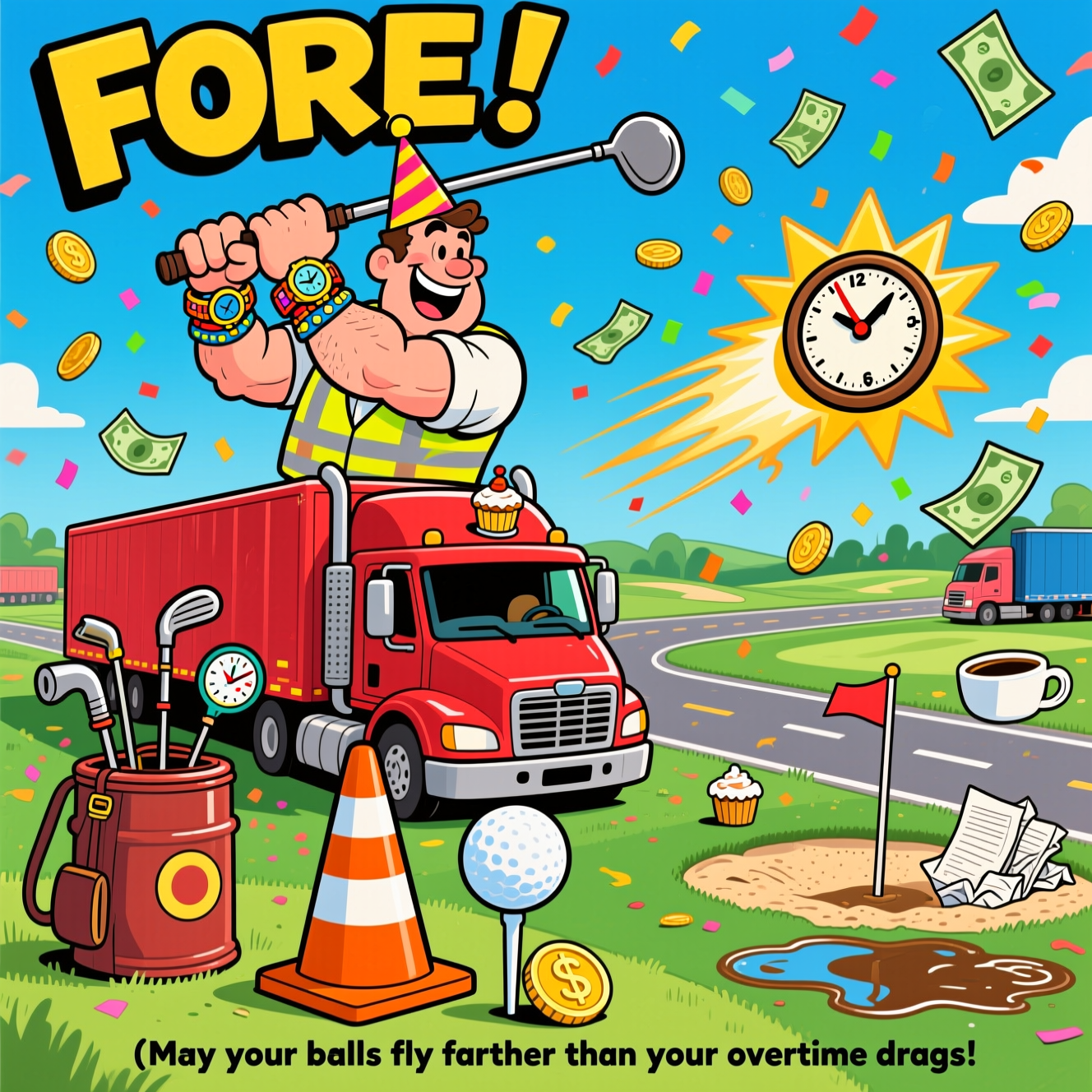 Golf, Money, Overtime, Lorry driving, Watches, and Birthday Card