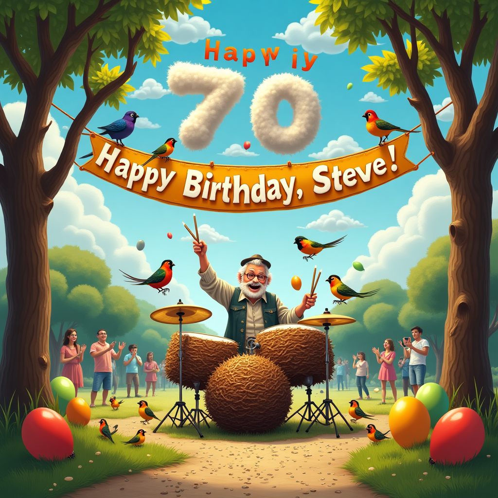 The scene is set in a vibrant and lush park, where a grand 70th birthday celebration is in full swing. The centerpiece of the scene is an energetic and eccentric elderly drummer, joyously tapping away on a drum kit made entirely of oversized bird nests and eggs. The drumsticks are whimsically shaped like long bird feathers. Around him, a flock of colorful, lively birds – parrots, canaries, and finches – are enthusiastically perched on the drum kit and in nearby trees, seemingly enjoying the rhythmic beats. Above, a sky filled with fluffy white clouds forms the words "Happy 70th Birthday, Steve!" in playful, curvy letters. A large banner, strung between two trees, also displays "Happy Birthday Steve" with each letter adorned with vibrant feathers, making the whole scene feel festive and unique. Balloons in the shape of drums and birds are tethered to the trees, adding an extra layer of whimsy. On the ground, a path of birdseed leads to the scene, with more birds happily pecking along it. In the background, a distant group of party guests are clapping and dancing, visibly enjoying the unique musical celebration.
Generated with these themes: Happy 70th Birthday , Drummer , and Birds.
Made with ❤️ by AI.