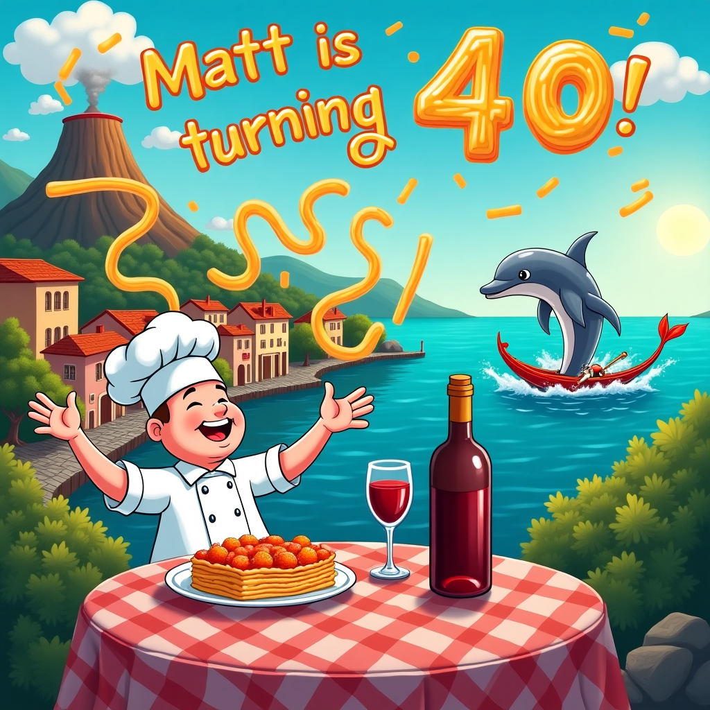 Mountain, Ocean, Volcano, Italy, Wine, and Pasta Birthday Card