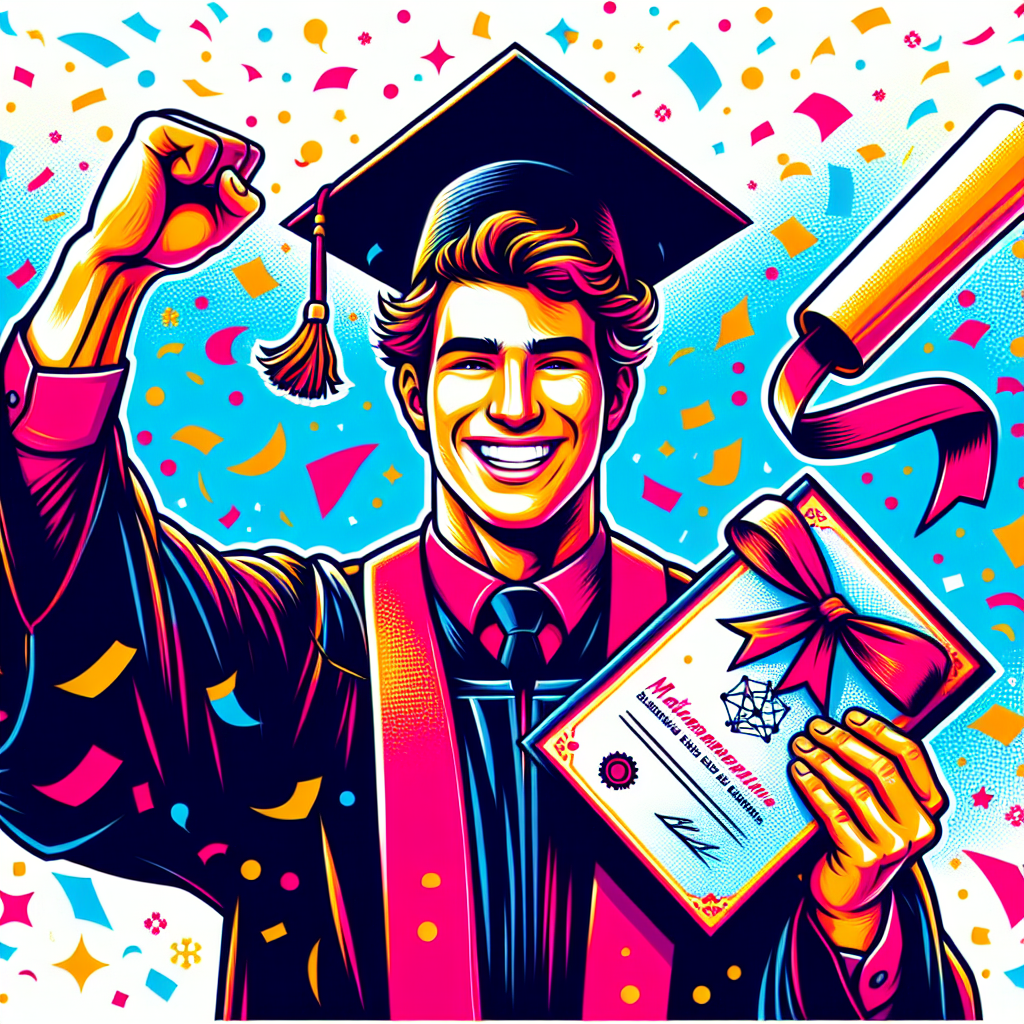 A vibrant illustration picturing a jubilant young Caucasian male in graduation attire, firmly grasping a diploma tagged with the 'Mathematics Degree' title. A flurry of confetti swirls around him as he exuberantly raises his fist, smiling radiantly while wearing a traditional square academic cap, symbolizing his recent scholarly achievement.
Generated with these themes: Young blonde, happy man graduating with a maths degree.
Made with ❤️ by AI.