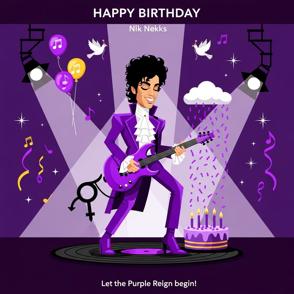 At the top of the Vector Style image, HAPPY BIRTHDAY Nik Nekks

A bold, funny, clean flat-vector scene: a stylized caricature of Prince (the singer) center stage, wearing a vivid royal-purple tailored suit with a ruffled white shirt and high-heeled boots, signature curly hair and liner, smirking as he shreds a sleek purple guitar with a looping symbol-like silhouette. He’s standing on a giant vinyl-record birthday cake with musical-note candles, while a tiny purple cloud rains confetti-like purple sprinkles (a playful “purple rain” gag) onto the cake. Two doves in tiny party hats swoop overhead carrying balloon music notes; crisp geometric spotlights fan out behind him; sparkling starbursts and streamers add celebratory flair. Color palette: deep purples and lavender with gold highlights, black, and white; flat fills, solid color blocks, minimal to no gradients, crisp lines, modern graphic precision. Portrait, full-bleed composition with strong negative space around the hero figure. No logos or watermarks.

At the bottom of the Vector Style image, add a small cheeky caption: Let the Purple Reign begin!

No other text.
Generated with these themes: Prince the singer, and .
Made with ❤️ by AI.