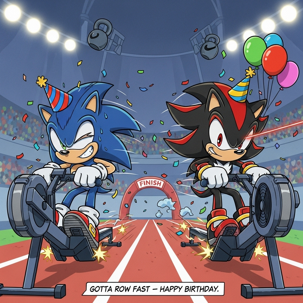 Playful cartoon style with exaggerated proportions, thick black outlines, and bright, saturated colors. In a Hyrox-style race arena, Sonic the Hedgehog (bright blue, red shoes, white gloves) and Shadow the Hedgehog (jet-black with red streaks, hover shoes, gold wrist rings) are neck-and-neck on side-by-side rowing machines, racing flat-out. Low-angle, wide shot for big drama; both in whimsical, energetic poses: Sonic grinning with wild speed lines and star-shaped sweat drops; Shadow smirking, laser-focused, his shoes glowing as he rows. The rowing machines wobble comically with spinning flywheels that blur into sparkling stars and swoosh lines. Confetti bursts, streamers, and balloons (some shaped like kettlebells) fill the air; each hedgehog wears a tiny party hat. Background: a stylized Hyrox stadium-gym mashup with lane markings, a finish arch, spotlights, and a cheering crowd—no readable text. Candy-gloss highlights, bold shadows, punchy contrast. Full-bleed composition with the characters dominating the frame.

Include exactly one short on-image caption, centered at the bottom in a chunky, playful hand-lettered font (no outline text elsewhere):
Gotta Row Fast — Happy Birthday!
Generated with these themes: Blue hedgehog sonic , Black hedgehog shadow, Hyrox competition, Racing , Rowing machines, and .
Made with ❤️ by AI.