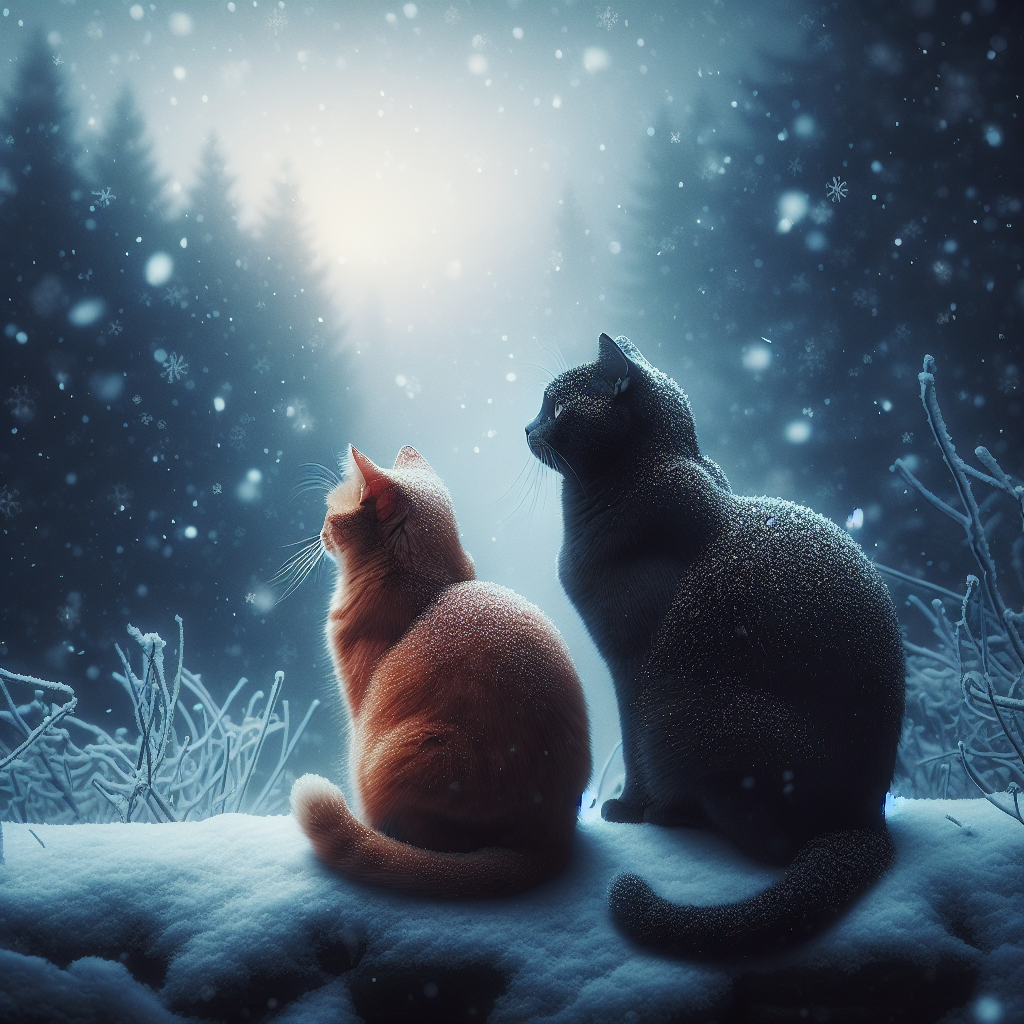 In the hush of a solemn Christmas moment, two cats—a sleek black and a warm ginger—sit side by side, gazing out at the falling snow. The scene is the epitome of wintry peace, with each snowflake joining the blanket of white covering the ground. The Yule ambiance is palpable in the air, their breaths visible but their spirits warmed by the season's camaraderie.
Generated with these themes: Black cat, Ginger cat, Snow, and Yule.
Made with ❤️ by AI.
