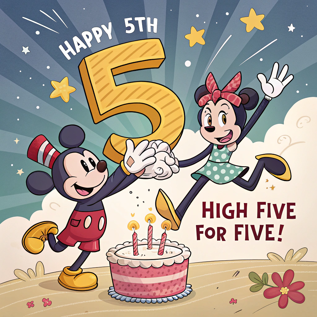 At the top of the Cartoon Style image, "Happy 5th anniversary "
At the bottom of the Cartoon Style image, "High five for five!"

- Center scene: two playful cartoon characters with oversized heads and goofy grins leaping into a huge high-five, each wearing a giant foam hand shaped like the number 5.
- A bright comic starburst explodes where their hands meet, with confetti, streamers, and five tiny hearts popping out.
- To one side, a cake shaped like a big number “5” with five candles leans slightly, frosting dripping in a funny way; on the other, a shiny balloon in the shape of a 5 bobs around.
- Style: thick black outlines, bold expressive faces, exaggerated limbs, vibrant saturated colors (bubblegum pink, electric teal, sunshine yellow, tangerine), and energetic, whimsical poses.
- Make both text lines big, bubbly, and playful with chunky outlines and a subtle drop shadow; characters and props frame the text so the headline and punchline steal the show.
Generated with these themes: Husband , Dog, Kids, Home, Ghost, Anniversary , Cooking , Gardening , and .
Made with ❤️ by AI.