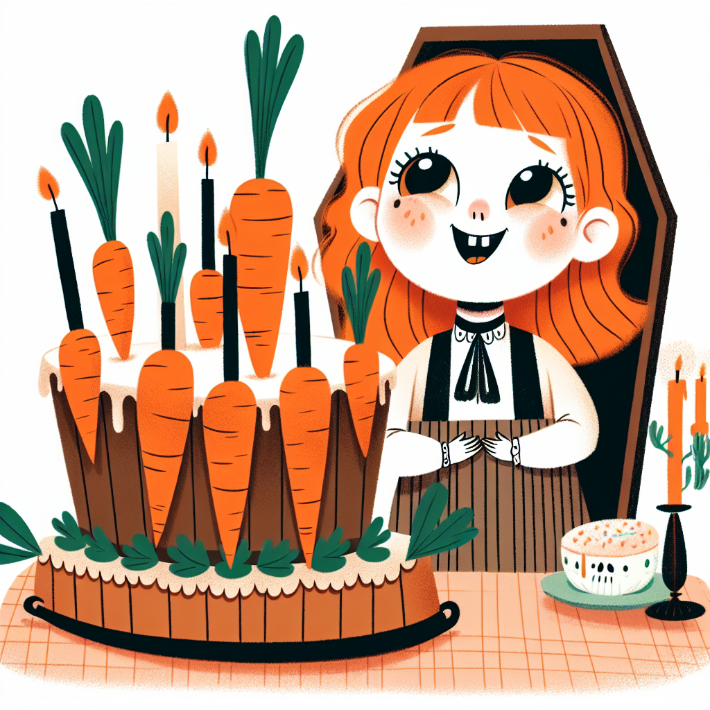 Illustrate a charming and offbeat birthday party scene. In the center, a young ginger-haired girl with twinkling eyes is joyfully blowing out the candles on a cake shaped like an oversized carrot. The surrounding scene includes an unusual piece of décor: a coffin re-purposed as a plant holder, contributing to the unique and quirky charm of the party.
Generated with these themes: Ginger girl , Carrot, and Coffin.
Made with ❤️ by AI.