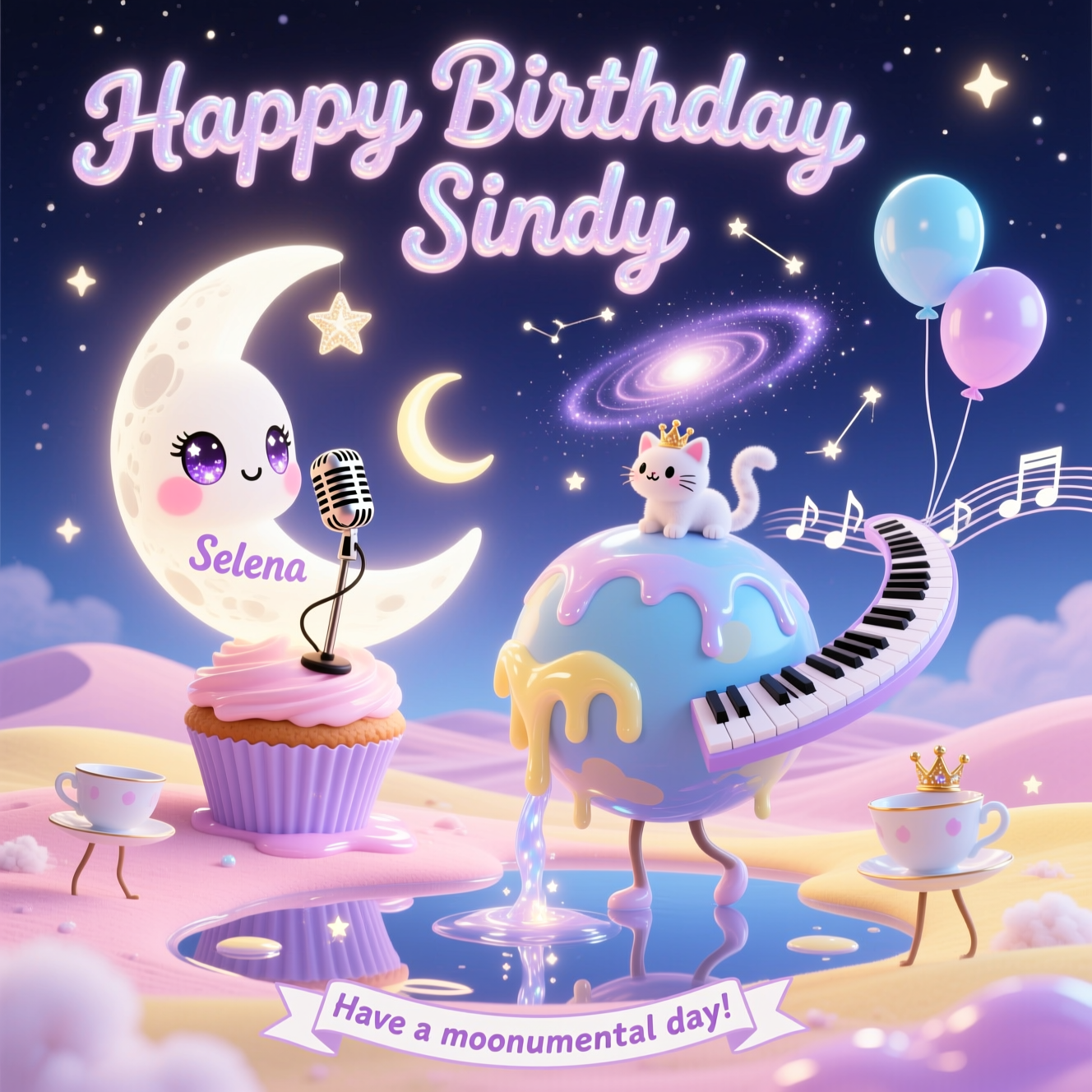 At the top of the Surreal Style image, display the text "Happy Birthday Sindy" in pearlescent, hand-lettered, candy-gel letters with a soft halo glow.

Create a cute, dreamlike, Dali-inspired lunar scene themed around “Selena” (moon/selene vibes): a chibi crescent moon named Selena, with big star-sparkle eyes and rosy cheeks, serenades the night with a tiny vintage crescent-shaped microphone while perched on a melting cupcake planet. Cotton-candy dunes undulate beneath, dotted with glossy puddles that mirror the sky; long-legged teacups on delicate stilts stride across the landscape, pouring liquid starlight that flows upward. A ribbon of piano keys curls into a spiral galaxy, while crescent-moon balloons drip like soft wax and float skyward on musical staff strings. Constellations twinkle in an “S”-swirl above the moon, and star-kittens with tiny crowns bat at glittering notes. Ethereal lighting, pastel palette (lavender, baby blue, blush pink, butter yellow, pearly white), iridescent highlights, soft volumetric glow, long silky shadows, gentle bokeh shaped like little stars. Dreamlike surrealism with melting shapes, unexpected forms, and otherworldly calm; adorable, whimsical, and tender.

Add a tiny extra line of text at the bottom on a floating ribbon: “Have a moonumental day!”
Generated with these themes: Selena , and .
Made with ❤️ by AI.