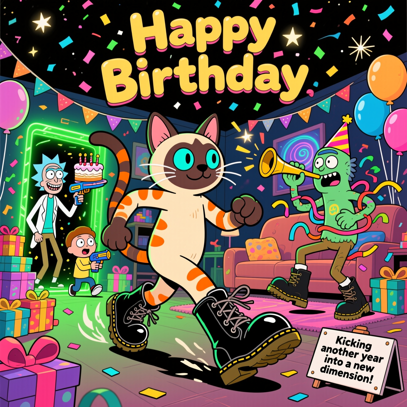 Doc Martin Boots, Rick and Morty, Big mouth TV show, Siamese Ginger cat, and Birthday Card