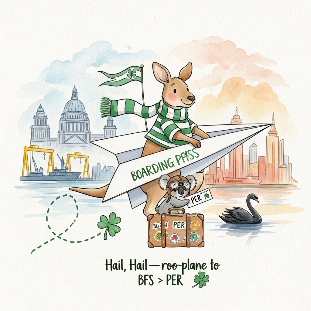 Soft watercolor painting with airy, organic paper texture, delicate gradients and subtle pigment blooms. Portrait composition, large central scene: a cheerful kangaroo in a green-and-white hooped football scarf (Celtic-inspired) piloting a big white paper airplane. A cuddly koala in tiny aviator goggles clings to the roo’s tail, clutching a boarding pass labeled “BFS ➜ PER.” The paper airplane trails a dotted flight path that curls into a shamrock-shaped swirl.

Left background (soft, loose silhouettes): Belfast—faint dome of Belfast City Hall and the iconic yellow shipyard cranes on the skyline, washed in cool misty blue-greys and sea-glass greens. Right background (warm glow): Perth—Swan River with a graceful black swan, gentle eucalyptus shapes, a sunlit skyline and sandy hues. A vintage suitcase strapped to the fuselage carries watercolor travel stickers: “Belfast,” “PER,” a tiny shamrock, and a green-and-white hoops motif. Playful details: the koala’s ear pokes through the goggles, the roo’s scarf flutters like a pennant, and the contrail’s shamrock leaves fade into the sky.

Color palette: soft sky blues, misty grey-greens for Belfast; emerald and white accents for the Celtic scarf; warm peach-coral and sandy ochres for Perth; eucalyptus teal and inky linework sparingly for definition. Keep edges soft, with puddled pigment blooms and visible cold-press paper texture. Minimal white space; image fills most of the frame.

Add small on-image text, hand-lettered watercolor brush script in deep forest green, centered near the bottom:
“Hail, Hail—roo-plane to Perth!”
Generated with these themes: Belfast, Perth, Celtic Football Club, Kangaroo, Koala, Travel, Flying, and .
Made with ❤️ by AI.