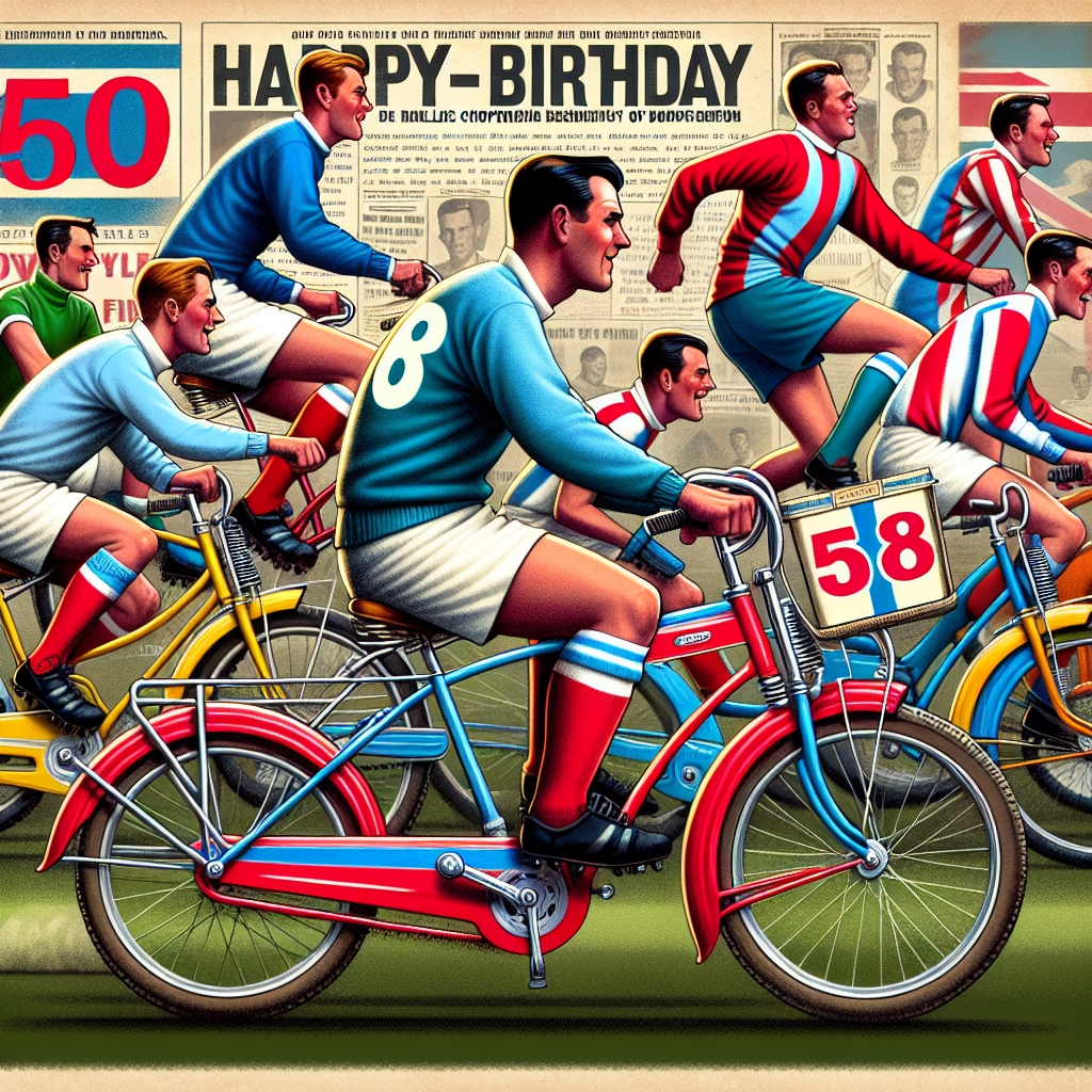 Brentford Football Team playing a match on Raleigh Chopper bicycles, In 1966, and With news boards saying 58 Birthday Card