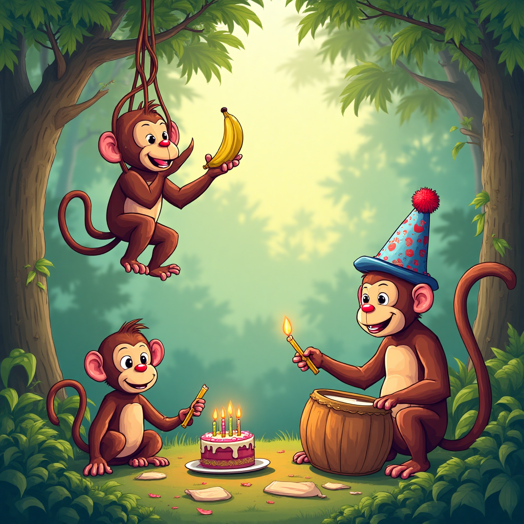 At the top of the Illustration Style image, write the text: "Tariq."

Imagine a comical scene set in a jungle with a group of mischievous monkeys pulling off the ultimate birthday prank. One monkey is swinging from a vine with a banana in hand, about to drop it like a mic, while another is holding a cheeky birthday cake with lit candles, but it's a banana cake! Nearby, a monkey is dressed as a party clown, complete with a tiny hat and a big red nose, playing a tiny drum set made of coconuts. The background is filled with lush greenery, and vibrant, playful colors bring the scene to life. In the bottom right corner, in playful script, add the caption: "Monkeying around since day one!"
Generated with these themes: Monkeys memes, and .
Made with ❤️ by AI.