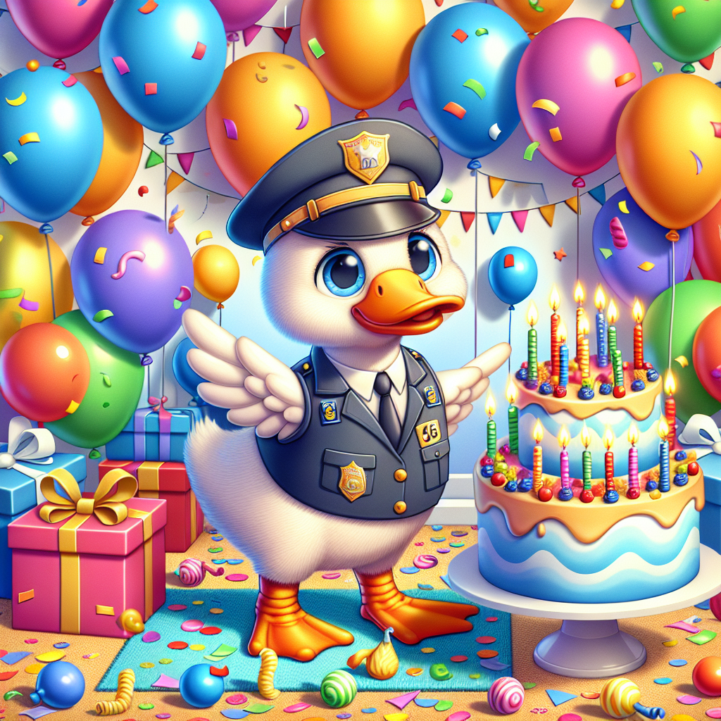 Visualize a lighthearted birthday party scene filled with an abundance of balloons, colorful confetti, and a multi-colored cake adorned with lit candles. At the heart of this festivity, imagine a cute, whimsical goose, dressed in a small-scale police uniform that consists of a hat and a badge. The goose's wings are subtly spread, suggesting it is in the middle of a happy dance, which brings an element of fun and amusement to the birthday celebration.
Generated with these themes: Silly goose in a police uniform.
Made with ❤️ by AI.