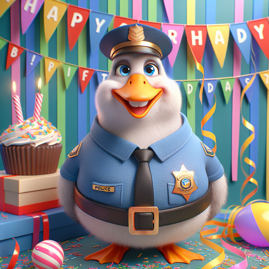 Create an image that captures a festive birthday environment. The setting includes colorful streamers, a sprinkle-laden cupcake, and a lively 'Happy Birthday' banner as the backdrop. The central character is a charming and quirky goose donning a slightly oversized and snug fitting police uniform. It has a small hat that's humorously tilting, adding a comedic touch to the scene. Its' chest badge shines brightly, alluding to its role as the good-natured guardian of the birthday festivities. The goose is flashing a friendly smile, radiating an atmosphere of joy and laughter.
Generated with these themes: Silly goose in a police uniform.
Made with ❤️ by AI.
