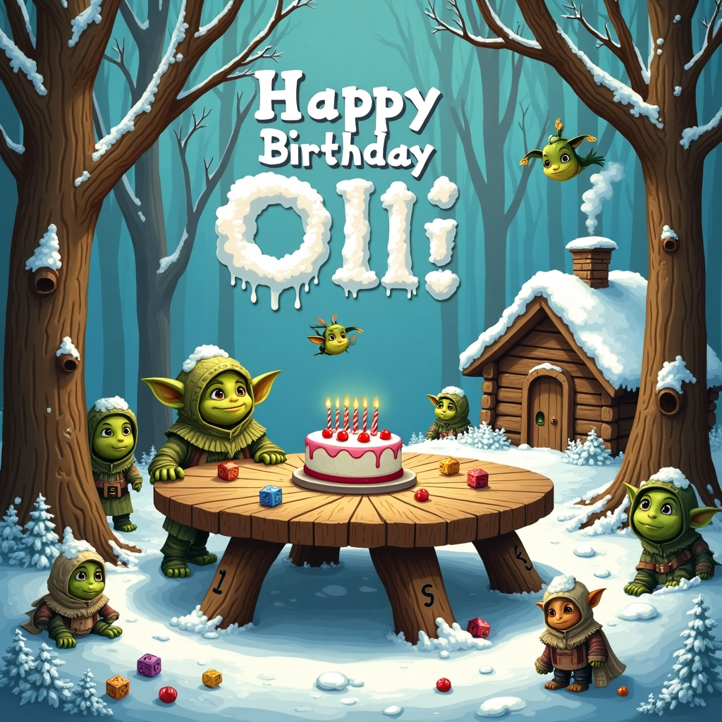 In the heart of a snow-laden forest, where the trees stretch tall and proud with their branches clad in sparkling frost, sits a large, round wooden roleplay table. This table, crafted from the aged wood of the forest itself, boasts intricately carved legs resembling twisted branches, interwoven with mysterious runes. The tabletop is strewn with miniature fantasy figures, tiny scrolls, and small, colorful dice, indicating a whimsical game is in full swing. A layer of soft snow clings to the surrounding forest floor, gently contrasting the lively tableau at the table.

Peering from behind the snow-draped undergrowth are the curious eyes of hidden goblins, their green skin and pointy ears barely visible. Some peep from behind the broad trunks of ancient trees, while others mischievously peek from underneath low-hanging, snow-laden branches. Each goblin is clothed in patchwork garments, their noses peeking out like cherries from under hoods of woven leaves.

Above this enchanting scene, written in swirling cloud formations against a clear blue sky, are the words "Happy Birthday Olli!" The letters are made from the fluffiest clouds, a whimsical touch that adds magic to the winter wonderland below. In the foreground, a small cake sits atop the table, its frosting shaped into miniature goblins and trees, with candles forming the number of years Olli celebrates.

Birds with feathers glistening like gemstones flit between the trees, their songs echoing across the forest, lending a sense of rhythm to the scene. In the background, a cozy, snow-covered log cabin peeks out, smoke curling lazily from the chimney, promising warmth and cheer after the adventure. The illustration is a captivating blend of intricate details and playful elements, inspired by the fantastical and whimsical styles of the great artists, yet with its unique charm and narrative.
Generated with these themes: Roleplaytable in the middle of a winter forest, and Hidden goblins.
Made with ❤️ by AI.