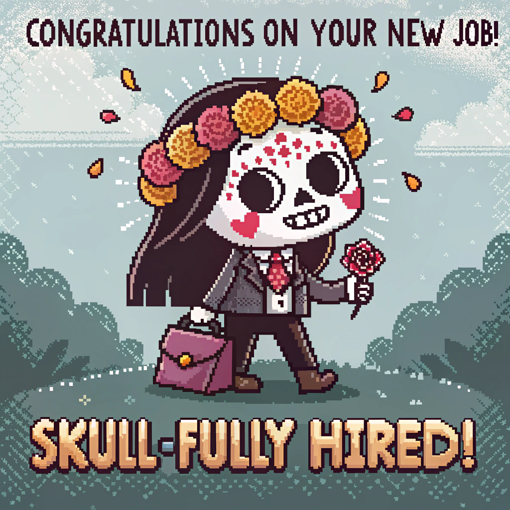 At the top of the Pixel Art Style image, "Congratulations on your new job! "

At the bottom of the image, "Skull-fully hired!"

- Crisp 8-bit pixel art with a vibrant, limited palette, chunky square pixels, and nostalgic video‑game charm; no gradients, subtle 1–2 px dithering for shading.
- Center scene: a cute sugar-skull character with big sparkling heart eyes, rosy cheek pixels, and flowing glossy black hair under a marigold flower crown. They wear a tiny pixel blazer and hold a small briefcase decorated with a sugar-skull sticker.
- A pixel desk with a laptop showing a green “HIRED” stamp, tiny confetti bones and marigold petals floating around, and smiling mini sugar skulls as cheering coworkers in party hats.
- Background: midnight-navy with strings of papel picado in teal, hot pink, and marigold; flickering pixel candles and star-like sparkles for a cozy, celebratory Dia de los Muertos vibe.
- Text styling: bold, chunky bone‑white pixel font with hot‑pink and teal drop shadows for readability; tiny marigold and sugar‑skull pixel icons flanking the lines.
- Palette suggestion: bone white, marigold orange, hot pink, turquoise, mint, midnight blue, and coal black accents.
- Keep everything cute, upbeat, and celebratory; emphasize big readable headline and punch-line.
Generated with these themes: Day of the Dead, Sugar skulls, Black hair, and .
Made with ❤️ by AI.