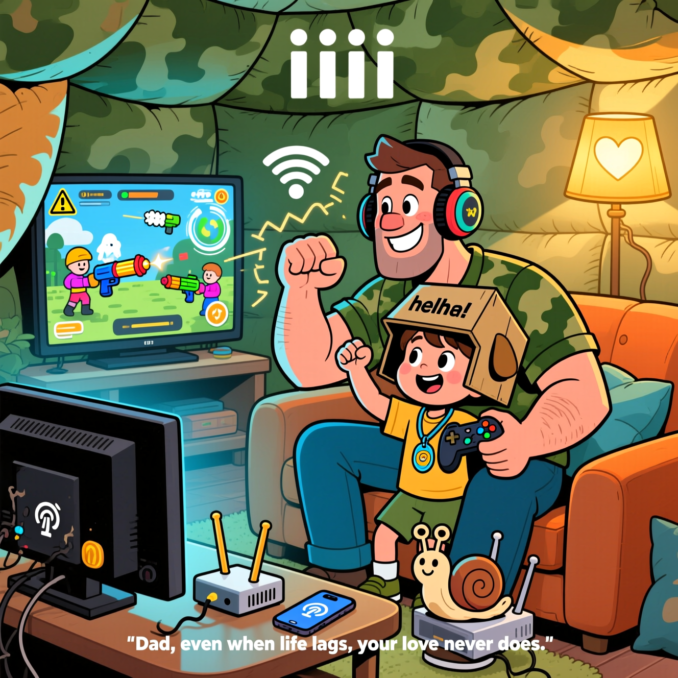 At the top of the Cartoon Style image, iiii

Sincere, playful cartoon scene with exaggerated proportions, thick outlines, and bright saturated colors. Portrait composition. Cozy living room turned into a “mission” zone: Dad and child as cheerful couch commandos inside a pillow-fort bunker. Dad has a big warm smile, chunky gaming headset, and an oversized controller; the kid wears a cute cardboard “helmet” and toy dog tags. They share a goofy fist-bump, energetic and whimsical, eyes shining with affection.

On the TV: a generic, family-friendly military co-op game (no logos), illustrated in a cartoony way—foam dart blasters, colorful avatars. Visual gags show terrible connection: choppy ghosted afterimages, a spinning buffer wheel, a droopy Wi‑Fi symbol with a tiny warning triangle, and jittery motion lines to suggest high ping. Around them: a router with wilted antennae, a smartphone on the table with the hotspot icon toggled off (icon only, no words), and a friendly snail mascot hauling a tiny router to personify “slow connection.” Warm golden lamplight, heart-shaped highlights, and soft shadows underscore a sincere Father’s Day vibe.

Add one small caption near the bottom: "Dad, even when life lags, your love never does."

Style notes: playful cartoon, thick black outlines, clean shapes, bold camo greens, electric blues, warm oranges, gentle texture, soft shading, family-friendly tone, no brand logos, no extra text beyond the lines provided.
Generated with these themes: Call of duty, Really high ping, Lots of lag, No hotspot, and .
Made with ❤️ by AI.
