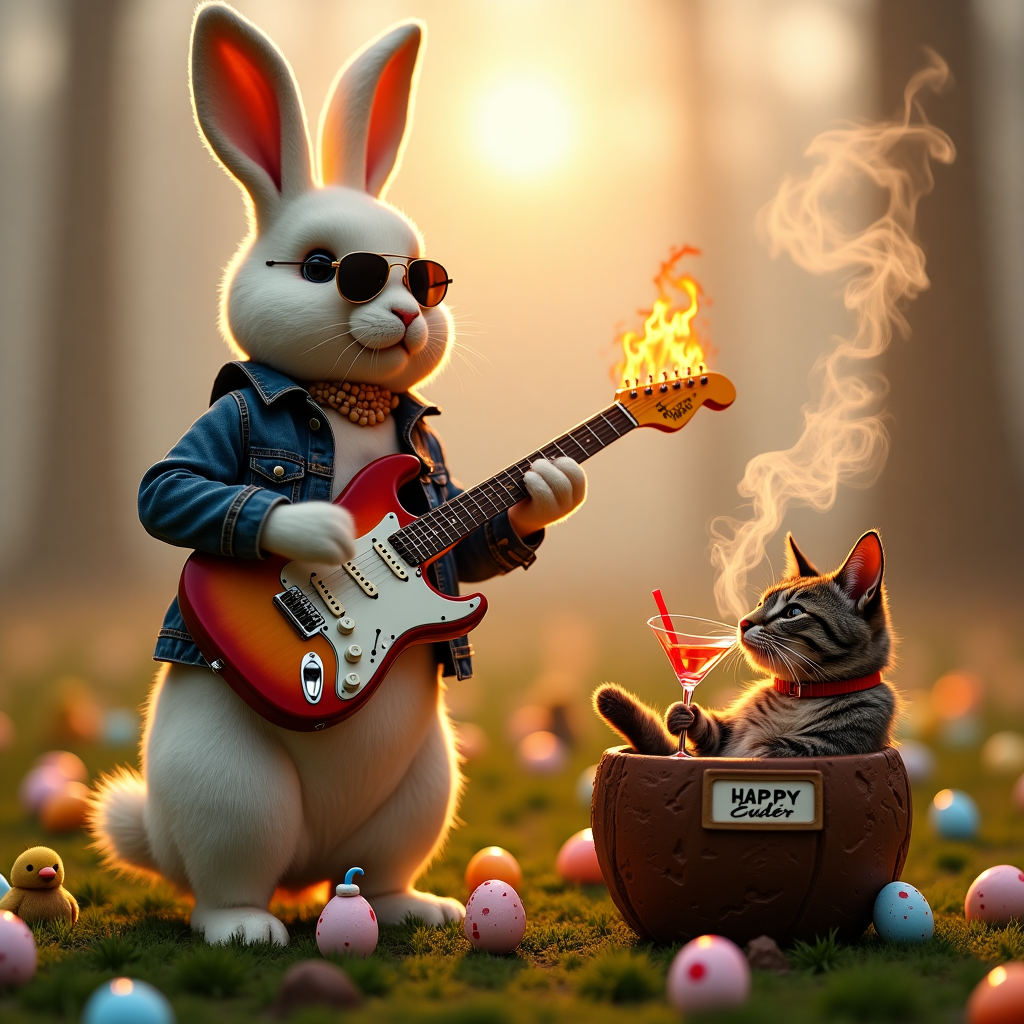 At the top of the realistic photograph image, “Happy Easter, Aaron — Crack Open a Good Time!”

A surreal, hyper-realistic Easter scene unfolds: in a misty meadow filled with colossal, glistening chocolate eggs half-melted under a blood-orange sunrise, a life-sized marshmallow rabbit wearing vintage aviators and a worn leather jacket strums a flaming Fender Stratocaster with liquor-filled candy canes for strings. Around the rabbit, Easter chicks in tiny denim vests do high kicks over sizzling frying pans full of pastel macaroni, neon pink bacon, and fried Cadbury crème eggs.

Behind them, a dilapidated Holy Grail-shaped birdbath bubbles suspiciously — filled with colorful mini eggs soaked in absinthe, as tiny sugar bunnies on toothpick stilts stir it with guitar picks.

In the foreground, a coolly disinterested calico cat (nicknamed “Pussy Riot” in glitter on its collar) reclines inside a hollowed-out chocolate vodka bottle, sipping an espresso martini through a red Twizzler straw and batting a meth rock disguised as a jellybean toward the bunny’s footpedal.

The whole composition glows with uncanny detail: beads of sugar sweat on the marshmallow fur, liquor droplets midair, and hazy plumes of bubblegum-colored smoke rising like incense around a crooked “Happy Easter” sign, hanging from the cat’s tail.
Generated with these themes: Food, Playing Guitar, Meth, Liqour, and Pussy.
Made with ❤️ by AI.