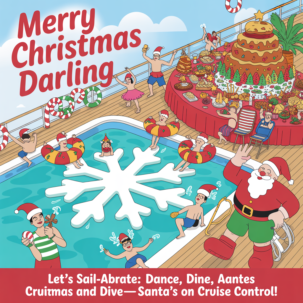 At the top of the Cartoon Style image, "Merry Christmas darling"

At the bottom of the image, "Let’s sail-abrate: dance, dine, and dive—Santa’s on cruise control!"

Center scene: A bright, zany cruise-ship sun deck transformed into a tropical Christmas bash. A big snowflake-shaped pool splashes turquoise, with playful swimmers in Santa hats and reindeer floaties doing cannonballs and goofy synchronized kicks. Santa, in red swim trunks and a hibiscus shirt, leads a candy-cane conga line along the deck, hips exaggerated, maracas shaking, while a lifeguard elf in a striped chair blows a peppermint whistle. On one side, an overflowing holiday buffet groans with cartoonishly huge turkey, towering pudding, gingerbread, and fruit skewers shaped like Christmas trees—passengers dance while balancing epic plates. Candy-cane railings, life rings decorated as wreaths, string lights, and giant baubles dangle everywhere; a palm tree is wrapped like a Christmas tree with tinsel and a star. A couple twirls mid-salsa with comedic, stretchy limbs; a penguin in shades attempts a belly flop; a seagull in a scarf steals a cookie. The ocean glitters beyond, with the ship’s smokestacks capped like Santa hats. Style it with thick black outlines, exaggerated proportions, and bright, saturated holiday colors (candy-cane red, holly green, ocean teal, sunny gold). Add energetic motion lines, sparkly snow-confetti, and big expressive faces. Reserve clean sky area for the headline at the top and a clear deck ribbon for the punch-line at the bottom; use bold, bouncy lettering with a white stroke and soft shadow for readability.
Generated with these themes: Cruise dancing eating swimming, and .
Made with ❤️ by AI.