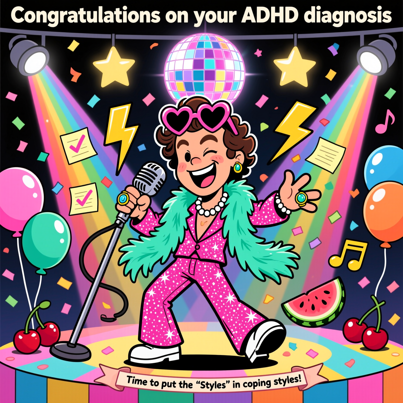 At the top of the Cartoon Style image, Congratulations on your ADHD diagnosis

A playful, exaggerated cartoon of Harry Styles mid-strut on a candy-colored stage, wearing a sparkly hot-pink jumpsuit, mint-green feather boa, pearl necklace, rings, and heart-shaped sunglasses perched on his head. He’s grinning and winking, holding a vintage mic while tossing a whirlwind of confetti shaped like lightning bolts, checkmarks, tiny sticky notes, and watermelon slices. Behind him, star-shaped spotlights and a glittering disco-ball brain cast rainbow beams; balloons, cherries, and music notes bob around for extra whimsy. Big-head/smaller-body proportions, thick black outlines, bold saturated colors, bouncy motion lines, and glossy highlights for a vibrant, funny, triumphant vibe. Portrait composition with generous breathing room around the top text. Add a small cheeky ribbon at the bottom with one short line: Time to put the “Styles” in coping styles!
Generated with these themes: Harry styles , and .
Made with ❤️ by AI.