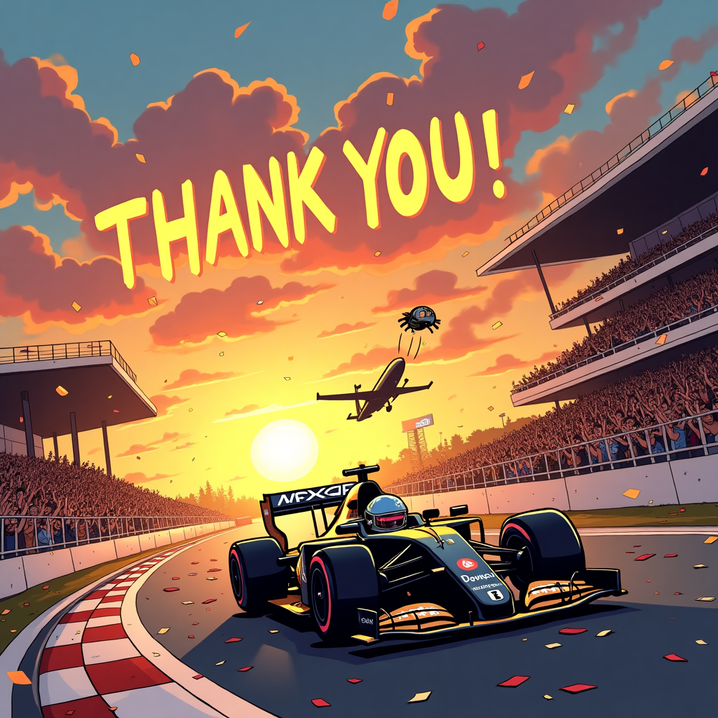 **Prompt for AI Image Generator (Cartoon, Funny Style):**

A humorous cartoon illustration of a dramatic sunset at an F1 Grand Prix finish line. The black and gold APXGP car has just zoomed across the checkered flag in first place—driver cheering wildly with helmet tossed in the air, champagne flying everywhere. In the background, dazed rival teams (one driver tangled in his pit crew's headphones, another waving a tiny white flag from a half-inflated tire) look on in comic defeat. A big golden “THANK YOU!” is comically being skywritten behind the car by a loop-de-looping plane, as if thanking someone for *driving* the victory home. The atmosphere is over-the-top epic, with confetti, cheering cartoon fans holding exaggerated foam fingers, and the sun dramatically setting in glowing oranges and purples behind a stadium packed with waving cartoon people.
Generated with these themes: the F1 Grand Prix is won at sunset by the APXGP team with a black and gold F1 car.
Made with ❤️ by AI.