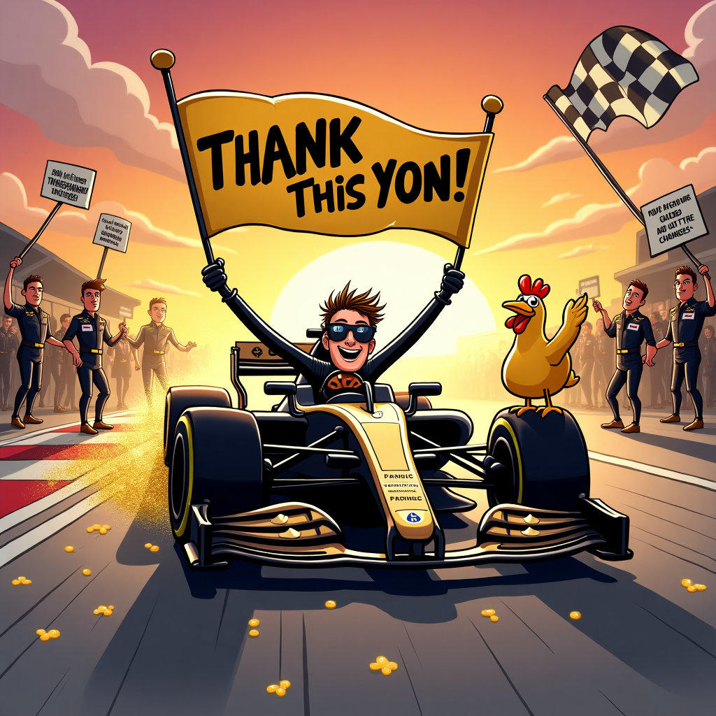 **Prompt:**  
A vibrant cartoon scene at sunset shows the victorious black and gold APXGP Formula 1 car zooming past the checkered flag, leaving behind a trail of glittery confetti and confused rival teams spinning in circles. The driver, a cheeky character with windswept hair and sunglasses, is popping out of the cockpit holding a giant “THANK YOU!” banner like a trophy. In the background, pit crew members are dancing with pom-poms and holding up humorous signs like “You Powered This Win!” and “Fueled by Gratitude (and a Lot of Tire Changes).” A setting sun adds drama to the celebration while a waving rubber chicken rides shotgun on the front wing for no reason whatsoever—just because.
Generated with these themes: the F1 Grand Prix is won at sunset by the APXGP team with a black and gold F1 car.
Made with ❤️ by AI.