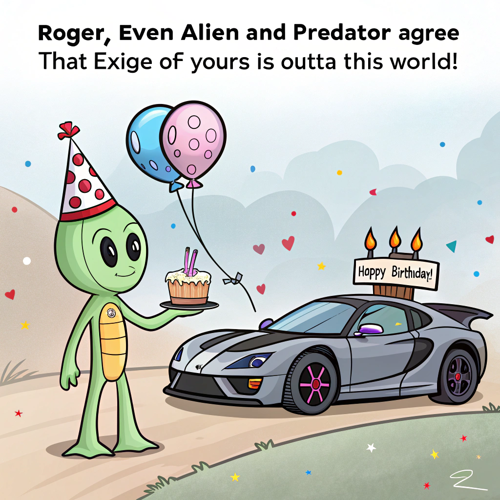 At the top of the image, "Roger, even Alien and Predator agree – that Exige of yours is outta this world!"

- Depict a cartoon scene where a chibi-style Alien and a goofy, mini Predator (wearing a birthday party hat and holding a slice of cake) are standing beside a super-cute, cartoonish grey 2013 Lotus Exige S3 V6.

- The Alien is polishing the car lovingly with one of its extra arms, while the Predator holds a “Happy Birthday!” balloon shaped like a rocket.

- Confetti rains down as the car is parked on a small asteroid in space, complete with stars and sparkles around.

- Add a small space-themed birthday banner floating above the car that says "Galactic Speed. Intergalactic Cake."  

- Everything has bright, adorable expressions, with oversized eyes and big smiles.
Generated with these themes: Alien vs predator, and Grey 2013 lotus exige s3 v6.
Made with ❤️ by AI.