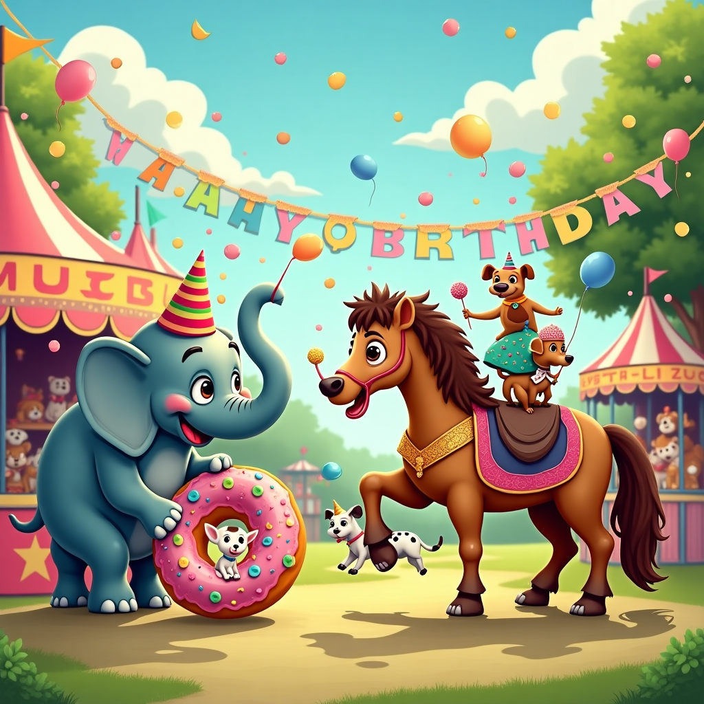 In a bustling birthday carnival set in an idyllic park, a cartoon extravaganza unfolds on the front of our card. To the left, a jovial elephant, wearing a party hat tilted on its massive head, stands beside a booth labeled “Jumbo Treats.” Its trunk curls around a rainbow-colored doughnut, as big as a hula hoop, sprinkling sugary confetti with every move. The doughnut has a bite taken out of it, humorously hinting that the elephant couldn’t resist. Nearby, a group of three mischievous dogs—one a Dalmatian with a dapper bow tie, another a pug in a clown wig, and the third a beagle in a tiny cape—are trying to balance doughnuts on their noses in a playful competition. Each doughnut has different toppings: chocolate, strawberry glaze, and blueberry icing, respectively, creating a colorful spectacle.

In the center, a whimsical horse with a flowing mane reminiscent of a carousel steed, complete with gold and teal saddling, trots gracefully on its hind legs. On its back rides a miniature poodle dressed as a ringmaster, waving a baton that sparkles in the sunlight. Balloons in every color of the rainbow float around them, tethered to the horse's tail and mane, creating a festive aura.

To the right, a whimsical parade float shaped like a giant doughnut rolls by, with children aboard throwing confetti like candy rain. A chorus of cartoon birthday melodies seems to hum from the scene as more dogs join in, playfully jumping through the doughnut float’s open center, mimicking circus performers. All around, banners flutter in the gentle breeze, reading “Happy Birthday” in bubbly, colorful letters. This vivid, dynamic scene is full of movement and delight, capturing the joyous chaos of a birthday celebration where animals and pastries alike come to life in a playful harmony.
Generated with these themes: Doughnuts dogs horses elephant .
Made with ❤️ by AI.