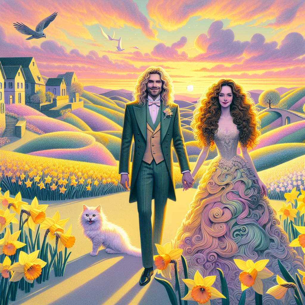 Imagine a sensitive pastel sunset over exaggerated, dreamlike hills of the Basque Country filled with yellow blooming daffodils casting long shadows. In the midst of this reverie, there is a wedding scene unfolding. A Caucasian groom with flowing blonde hair grinning broadly, wearing an enigmatic suit that changes colors with the descending light. Standing next to him is the bride, a Hispanic woman with an abundance of espresso-colored curls flowing over a gown that glimmers like the slowly appearing celestial constellations. A white and ginger cat in an adorable small waistcoat adds a playful energy as it engages in shadow hunting. Above, the smiling Moon and stars seal the enchanting nuptial display set exclusively in this Basque rural landscape.
Generated with these themes: Blonde long haired groom, Curly brunette bride , Ginger and white cat, Sun, Moon , Daffodil , and Basque Country .
Made with ❤️ by AI.