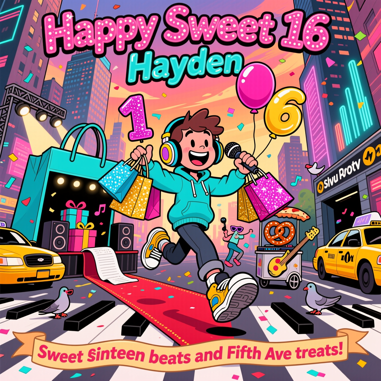 At the top of the Cartoon Style image, "Happy Sweet 16 Hayden"

At the bottom of the image, "Sweet sixteen beats and Fifth Ave treats!"

- Center scene: A playful, gender-neutral cartoon teen (Hayden) mid-leap over a piano-key crosswalk in Times Square, grinning wide in oversized headphones, hoodie, and chunky sneakers, juggling glittery shopping bags in one hand and a microphone in the other.
- A giant shopping bag pops open like a mini concert stage, with gift-box speakers thumping and spotlights crisscrossing the sky; a shiny “1” and “6” balloon float beside Hayden.
- NYC energy everywhere: bouncy yellow taxis, skyscrapers stacked with neon equalizer bars, a subway entrance, and pigeons in tiny shades doing backup-dancer moves.
- Comedic touches: a long receipt unfurls like a red carpet to the stage; a pretzel cart doubles as a DJ booth; a pizza slice becomes a guitar pick; music notes swirl with confetti.
- Style: Playful cartoon with exaggerated proportions, thick black outlines, bright saturated colors (electric cyan, neon magenta, taxi yellow, Broadway gold) and bold, energetic motion lines.
- Text styling: Top line in chunky neon bubble letters with marquee sparkle; bottom line on a wavy ribbon banner along the lower edge.
- Lighting and vibe: Vibrant sunset gradient sky, glitter highlights, and dynamic tilt for max “shop-and-rock” excitement.
Generated with these themes: Shopping in NYC, Concerts, and .
Made with ❤️ by AI.