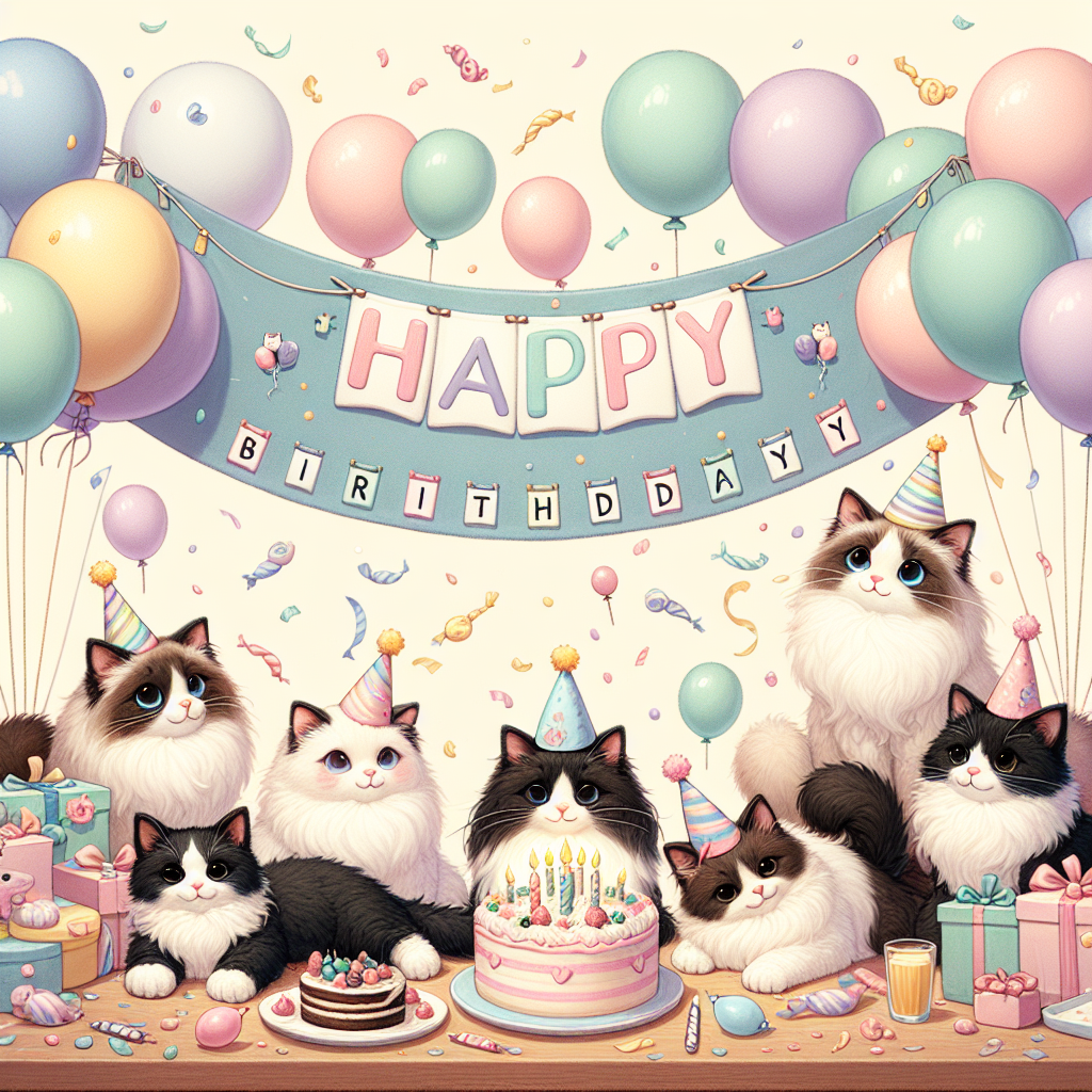 Create a heartwarming birthday themed illustration that showcases a whimsical gathering of Ragdoll and black and white cats. The scene should capture these fluffy companions, each adorned in colorful party hats, playfully frolicking amidst a backdrop of pastel-colored balloons and floating confetti. Above the festive scene, a banner that reads 'Happy Birthday' should stretch across the image, with cakes and presents scattered thoughtfully throughout the space to invoke a sense of celebration and joy.
Generated with these themes: Ragdoll cats, and Black and white cats.
Made with ❤️ by AI.