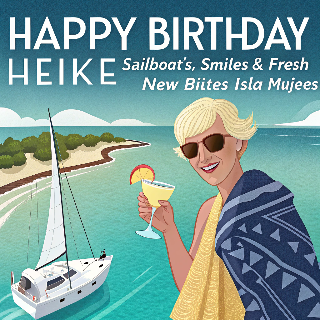 At the top of the image, "Happy Birthday Heike – Sailboats, Smiles & Fresh New Bites on Isla Margarita!"

- Illustrate a sun-drenched, turquoise-blue ocean scene featuring a pristine Hallberg-Rassy sailboat anchored off the coast of Isla Mujeres.
- On the deck, a fabulously sassy older lady with short blond hair (clearly Heike) lounges confidently in oversized sunglasses and a wildly patterned beach sarong, holding up a massive margarita glass that’s nearly as tall as her deck chair.
- She’s mid-laugh, flashing a dazzling set of brand-new dentures that practically sparkle in the sunlight—think comic-level gleam with little "bling!" effects.
- A cheeky parrot wearing a captain's hat squawks beside her, mimicking her laugh and clinking a miniature margarita glass.
- Around the sailboat, tiny festive flags spell out “Mojitos are for amateurs!”
- Add floating flamingo pool floats and birthday balloons tethered to the railings.
- The whole vibe screams tropical joy, self-confidence, and nautical mischief with a toothy twist.
Generated with these themes: Hallberg-Rassy  ,Isla Mujeres, Blond short haired lady older, new dentures, Margarithas.
Made with ❤️ by AI.