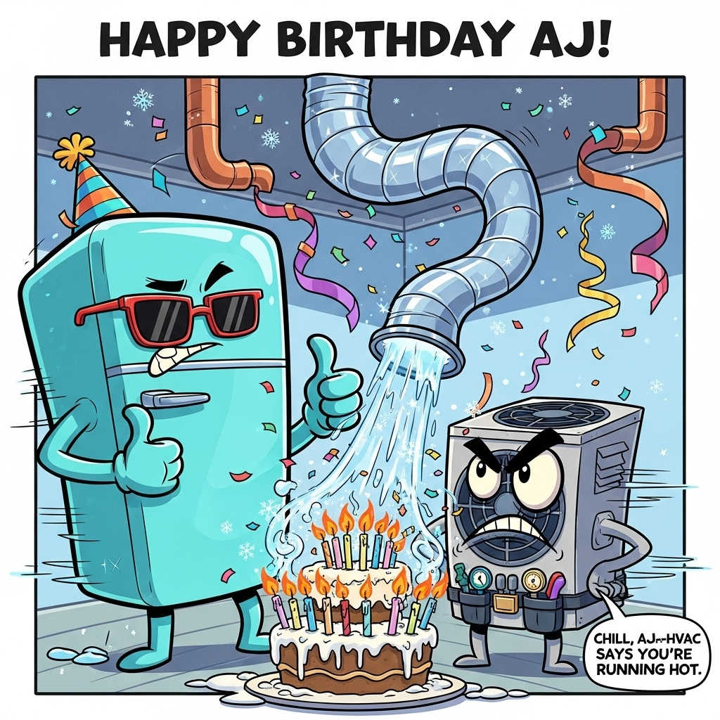 At the top of the Cartoon Style image, Happy Birthday AJ!

Large, full-bleed, funny cartoon scene: inside a bright party room, a giant anthropomorphic refrigerator (mint-blue, glossy) with chunky black outlines and exaggerated proportions, wearing a party hat and sunglasses, striking an energetic thumbs-up pose. Beside it, a grumpy, boxy HVAC outdoor unit with big expressive eyes in its grille, a raised eyebrow, and a tool belt with colorful manifold gauges. From the ceiling, a shiny silver flex-duct snakes down like a playful octopus, blasting sparkling icy wind toward an overloaded birthday cake; the many candle flames bend backward dramatically, a few tips freezing into tiny icicles. Confetti and streamers swirl through the cold airflow; copper pipes curl like party ribbons; snowflake-shaped confetti glitters. Sarcastic, playful vibe with bold motion lines and frosty sparkles.

Place a small speech bubble from the HVAC unit near the bottom-right that reads: "Chill, AJ—HVAC says you're running hot."

Style: Playful cartoon characters with exaggerated proportions, thick outlines, bright saturated colors, whimsical, energetic poses; bold cel shading; clean portrait composition with clear focal points; no other text.
Generated with these themes: Refrigeration, Hvac, Sarcastic, and .
Made with ❤️ by AI.