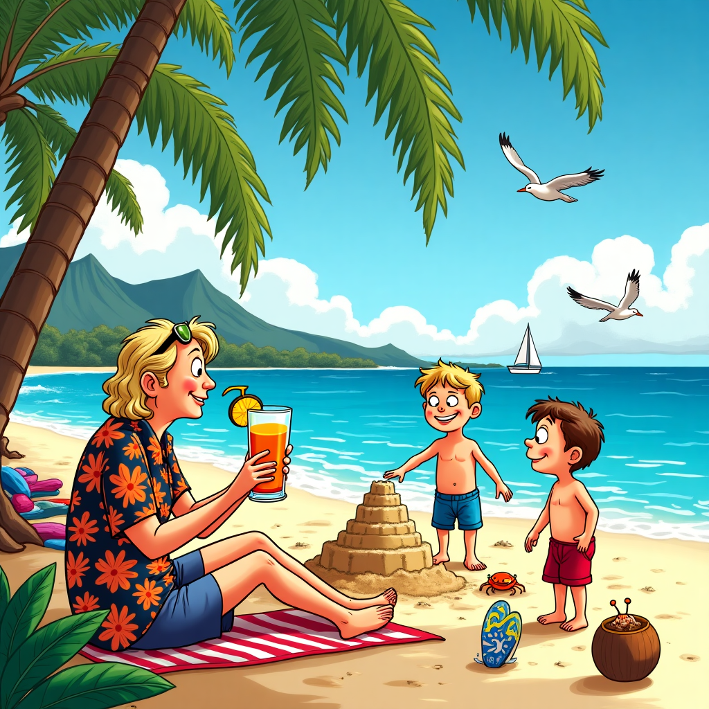 On the sun-kissed sands of a Maui beach, a whimsically vibrant scene unfolds. In the foreground, under the cooling shade of a swaying palm tree, a blonde 40-year-old woman, with a playful hint of mischief in her eyes, reclines on a colorful beach towel. Beside her, her husband, sporting a Hawaiian shirt with a garish floral pattern, leans back on his elbows, both sharing a comically large tiki glass filled to the brim with a bright orange Mai Tai, complete with a mini umbrella and pineapple wedge. Their toes are playfully dug into the sand, and a pair of oversized sunglasses dangle from her neckline.

In the middle ground, two little boys, with sun-streaked hair and grins wide as the ocean, are energetically constructing a sandcastle that rivals the grandeur of ancient forts, complete with a moat being filled by the gentle surf. Their red and blue swim trunks are sprinkled with bits of sand, and their determination is fierce as they craft their masterpiece with small plastic shovels.

The beach scene is further brought to life with cartoonish details inspired by the likes of Charles Schulz and Bill Watterson. Seagulls comically hover in the sky, drawn with exaggerated, squawking expressions, while a crab, with an air of Gary Larson's humor, pinches a forgotten flip-flop nearby, wearing an expression of triumph.

The distant horizon is dotted with a sailboat drawn with Hergé's clean lines, cutting through the sparkling azure waters. Nearby, a few whimsical surfboards rest on the sand, their bold designs reminiscent of psychedelic waves in R. Crumb's style. In the background, a volcanic mountain looms with a gentle, cartoonish puff of smoke, subtly hinting at Maui's vibrant geological history.

This playful tableau is framed by lush green tropical foliage, with coconuts casually lounging in the sand, as if they were waiting for their moment in the spotlight. It's a delightful blend of nostalgic comic styles, ensuring that this birthday card brings both a smile and a sense of adventure.
Generated with these themes: A beautiful beach in Maui Hawaii, In the distance two little boys play on the sand, and A blonde 40 year old sits under palm tree with her husband watching the boys and enjoying a maitai.
Made with ❤️ by AI.