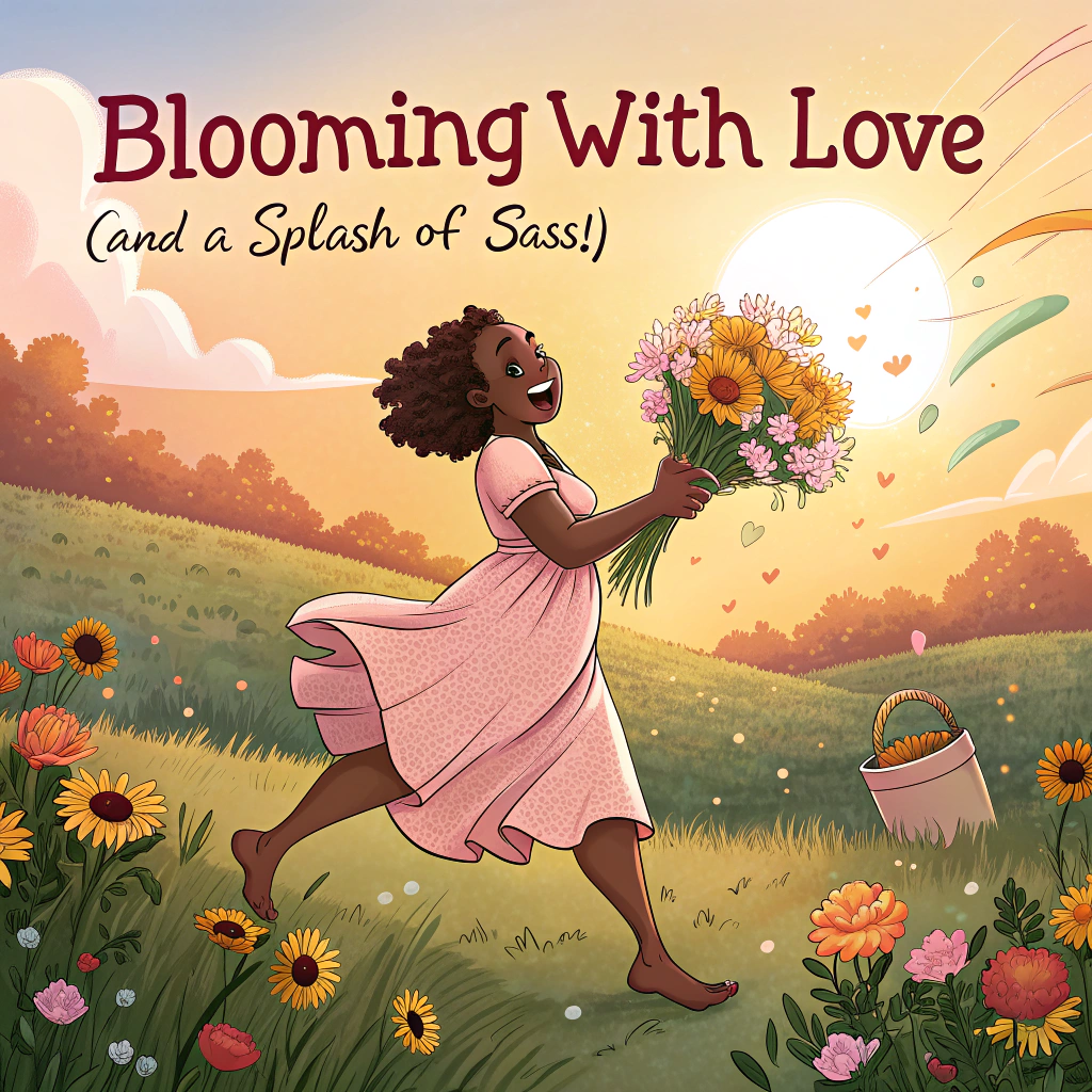 At the top of the image, "Blooming with Love (and a splash of sass!)"

- In the center of the realistic photograph, a joyful Black woman in her late 20s is twirling in a sunlit field of wildflowers. She wears a soft pastel sundress, barefoot in the grass, holding a large bouquet of daisies, peonies, and sunflowers up toward the sky.

- The golden hour sunlight creates a warm, dreamy glow around her as petals gently swirl through the air like confetti. 

- A vintage picnic blanket is nearby with a charming straw hat and a handwritten card peeking from under a teacup.

- At the bottom of the image, add the text: "Wishing you joy rooted deep and love that always blossoms — Happy Mother’s Day!"
Generated with these themes: Happy Mother’s Day featuring black woman and flowers.
Made with ❤️ by AI.