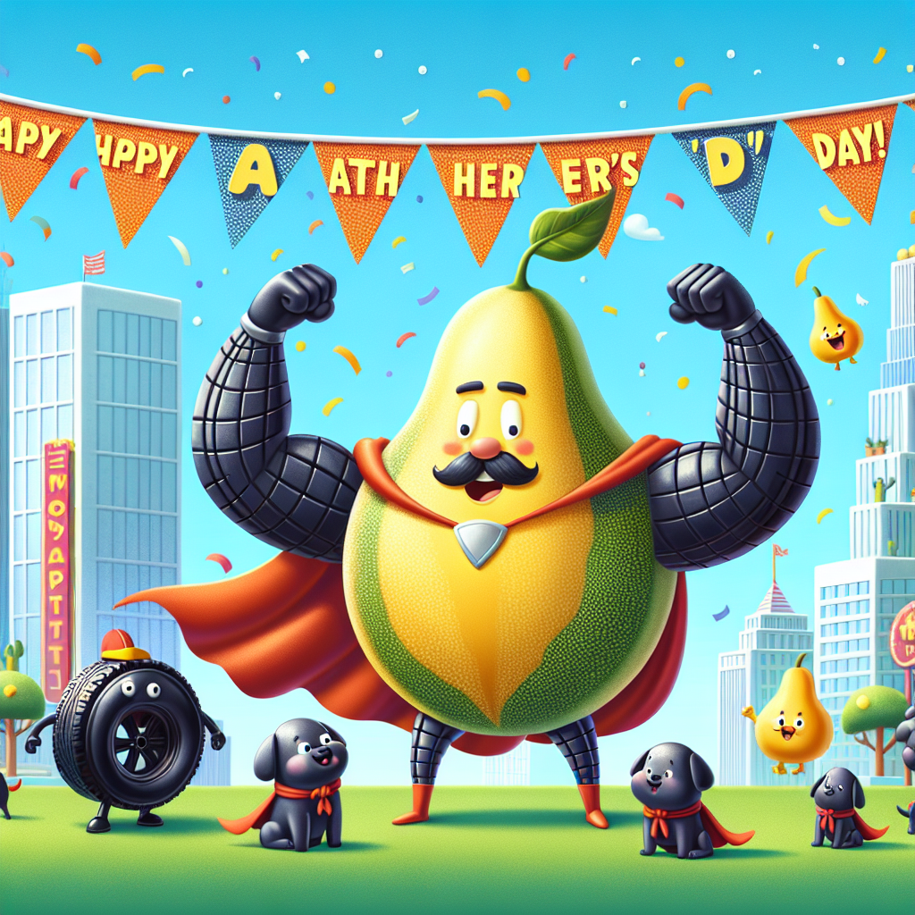 A humorous Father's Day-themed cartoon scene unfolds on a bright sunny day. In the center there is a ripe, cheerful melon dressed in a superhero cape, surrounded by playful generic puppy characters also sporting miniature capes of their own. Off to one side is a whimsical character fully made of black tires, striking a dynamic, heroic pose and flexing his rubbery muscles. The backdrop includes a fanciful cityscape with banners floating in the air, reading 'Happy Father's Day!' amidst laughter-inducing confetti.
Generated with these themes: Melon, Paw patrol , Tyre man, and Superhero .
Made with ❤️ by AI.
