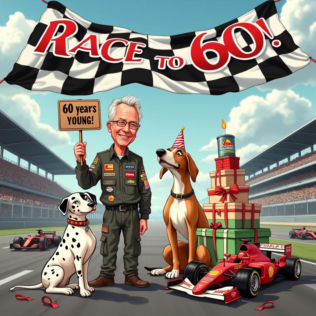 60th birthday male, Dalmatian , Long Eared Black and Tan coon hound, Formula 1, and Beavertown neck oil Birthday Card